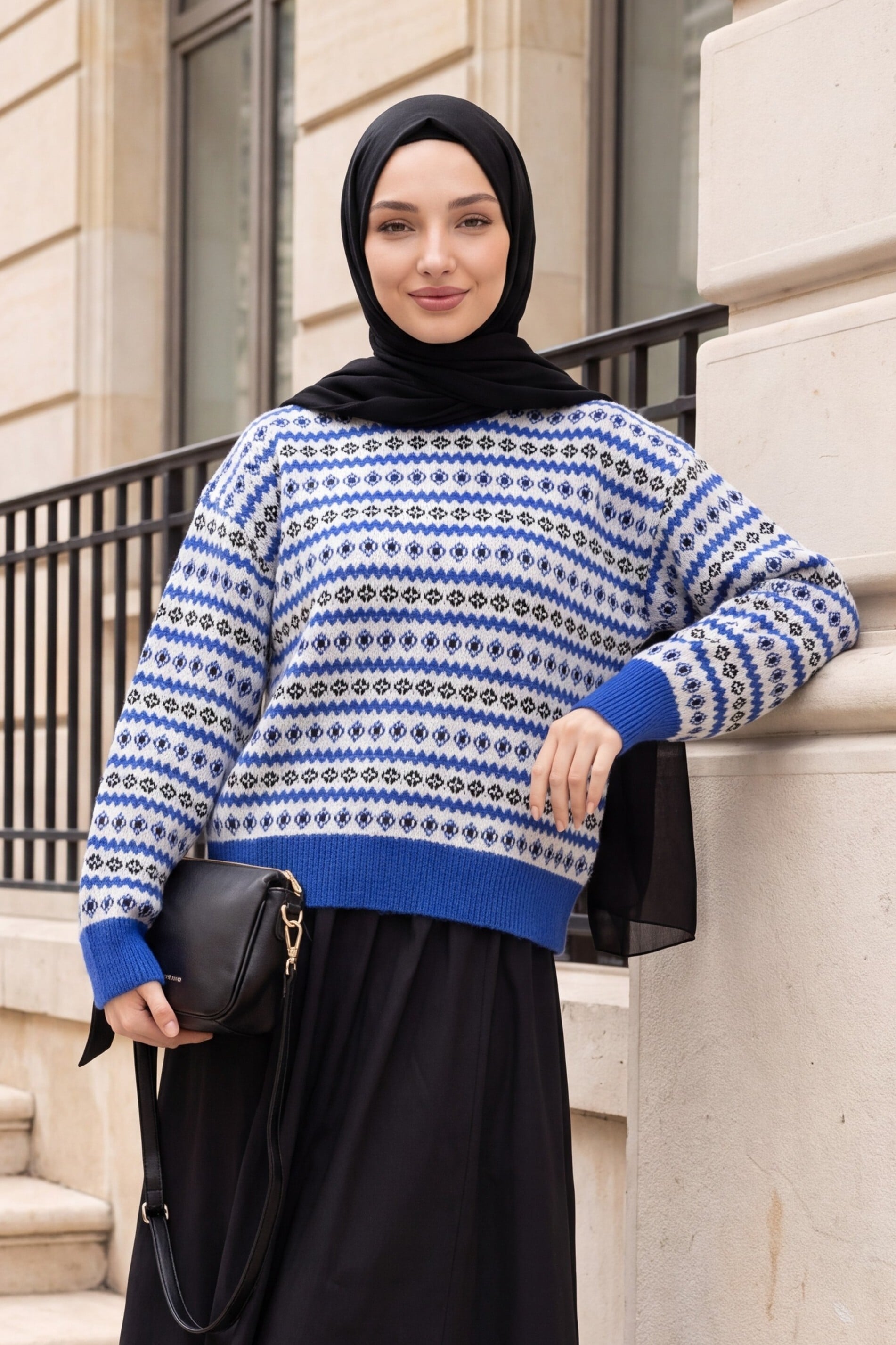 Crew Neck Patterned Jacquard Knit Sweater - Saxe Blue - Podyumplus - by Peralane - photo 2