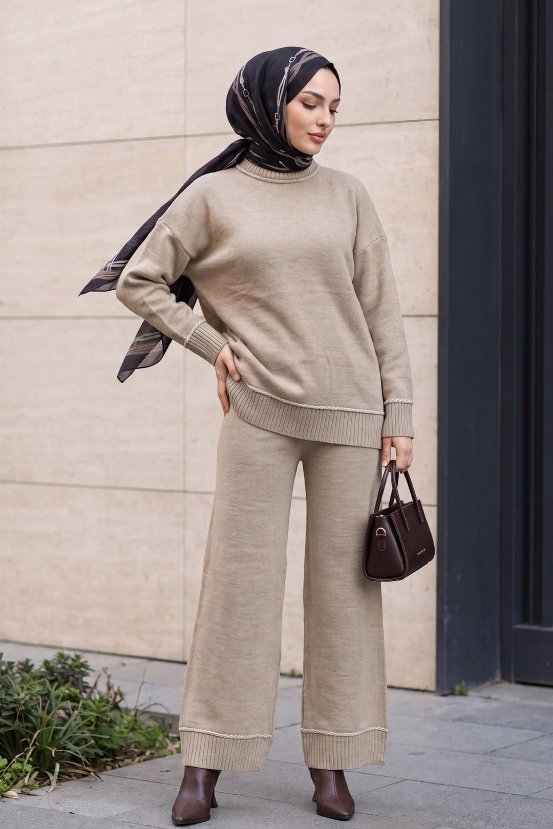 Ribbed Trim Knit Trousers Set - Beige - Podyumplus - by Peralane - photo 3