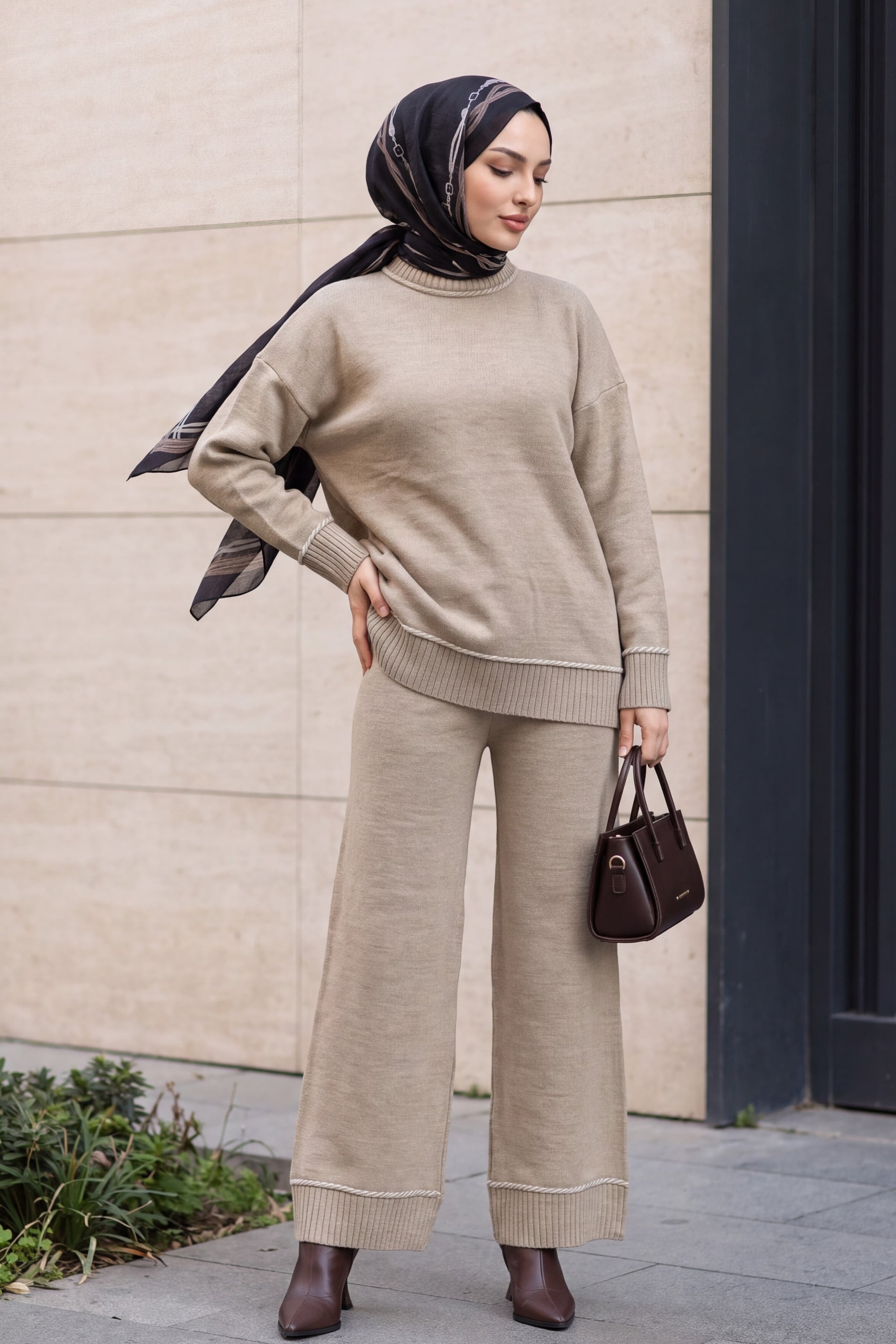 Ribbed Trim Knit Trousers Set - Beige - Podyumplus - by Peralane - photo 3