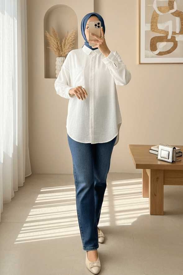 Single Pocket Buttoned Linen-Look Blouse - White - Podyumplus - by Peralane - photo 5