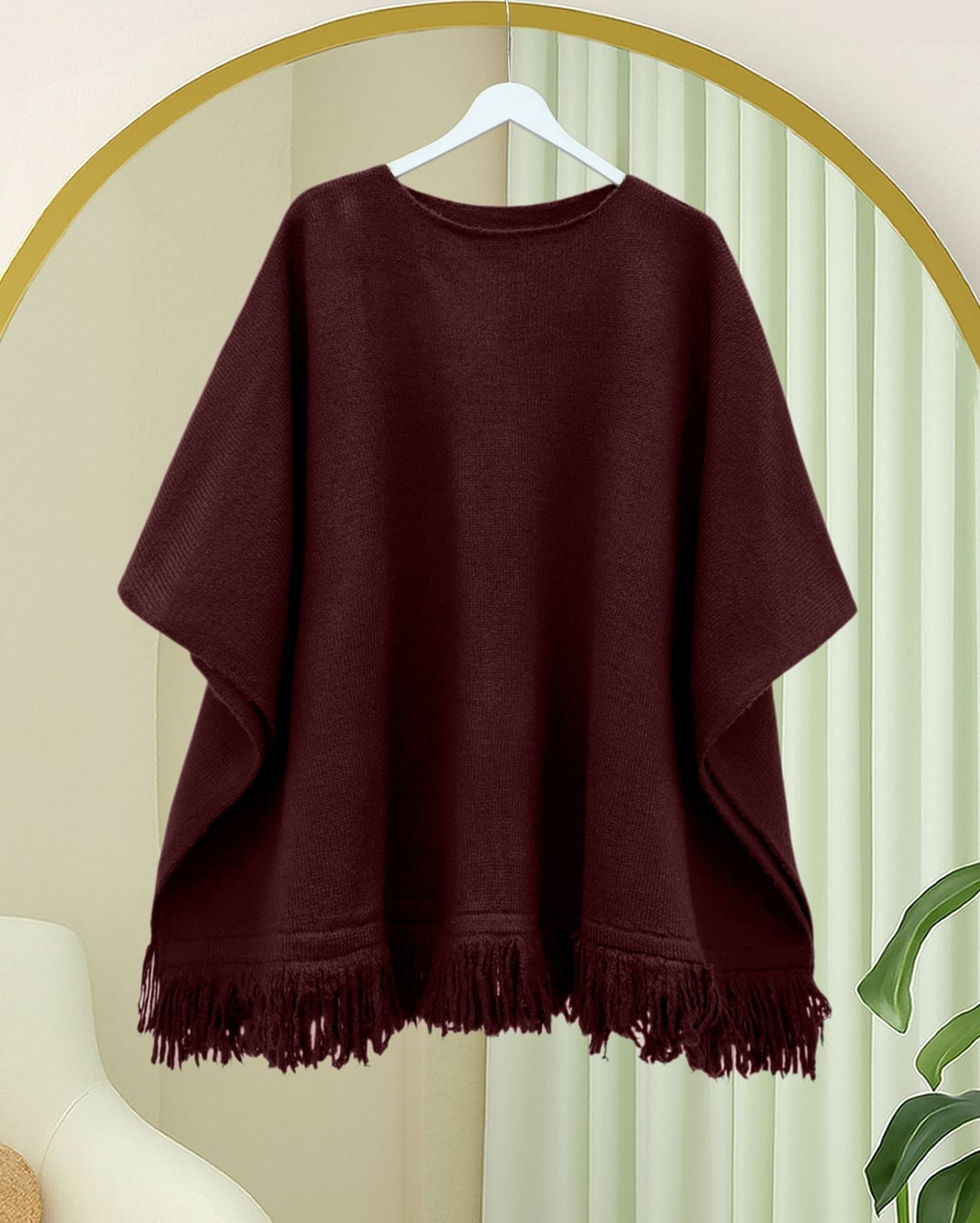 Fringed Hem Knit Poncho - Burgundy - Podyumplus - by Peralane - photo 3