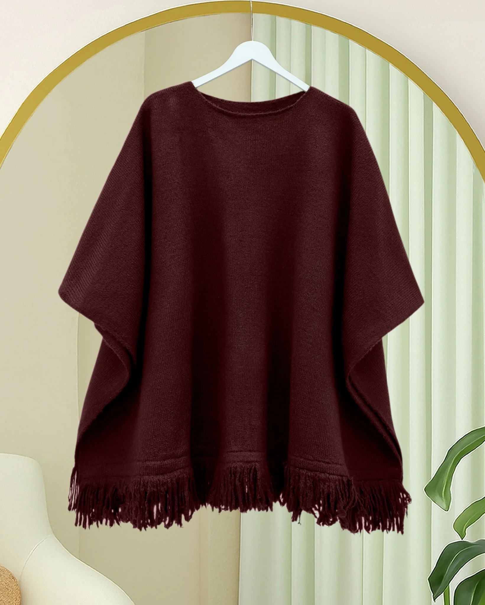 Fringed Hem Knit Poncho - Burgundy - Podyumplus - by Peralane - photo 3