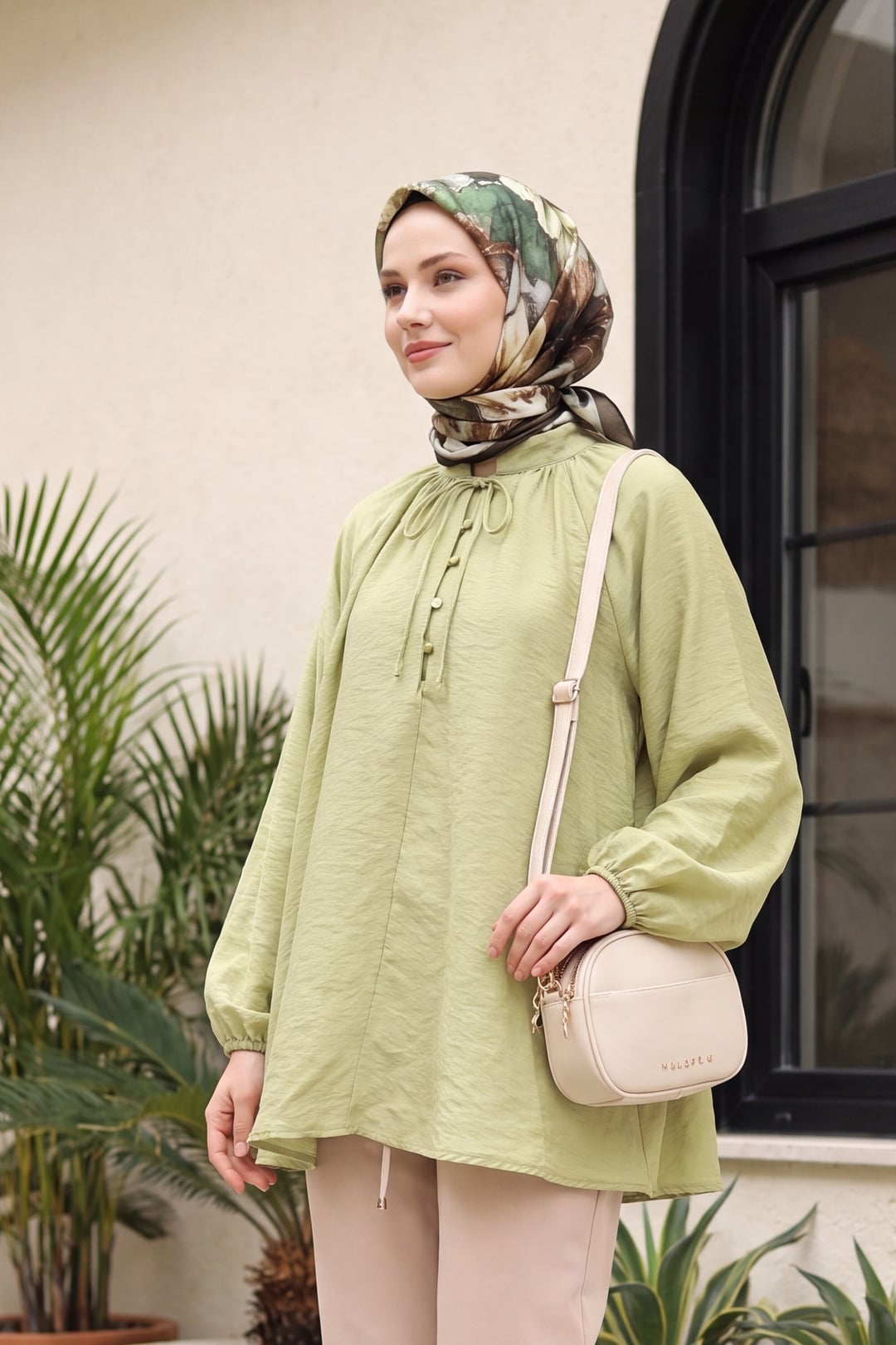 Tie Neck Half Button Lined Oversize Tulle Voile Blouse - Olive Green - Podyumplus - by Peralane - photo 6