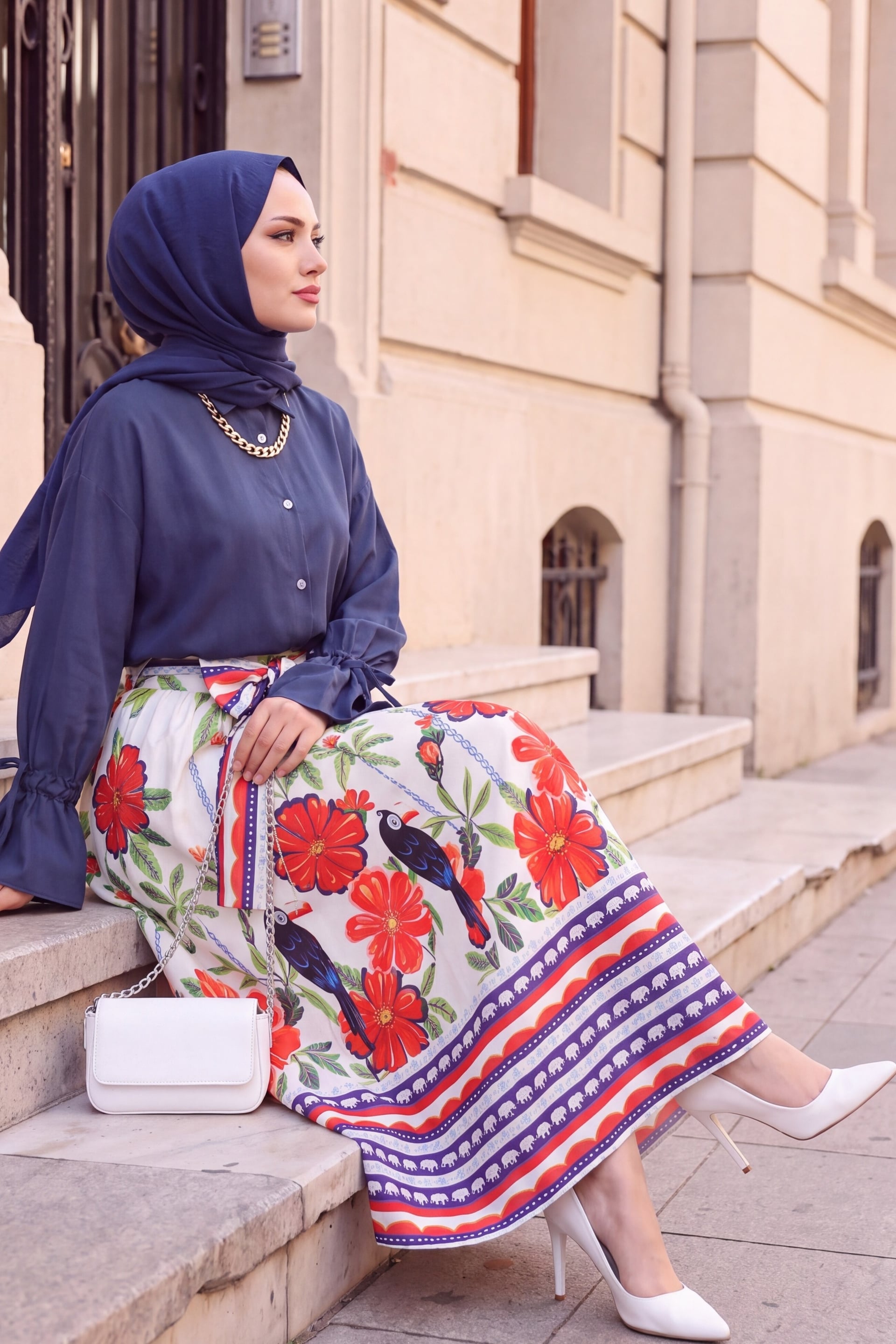 Elastic Waist Belted Tropical Print Skirt - White - Podyumplus - by Peralane - photo 6
