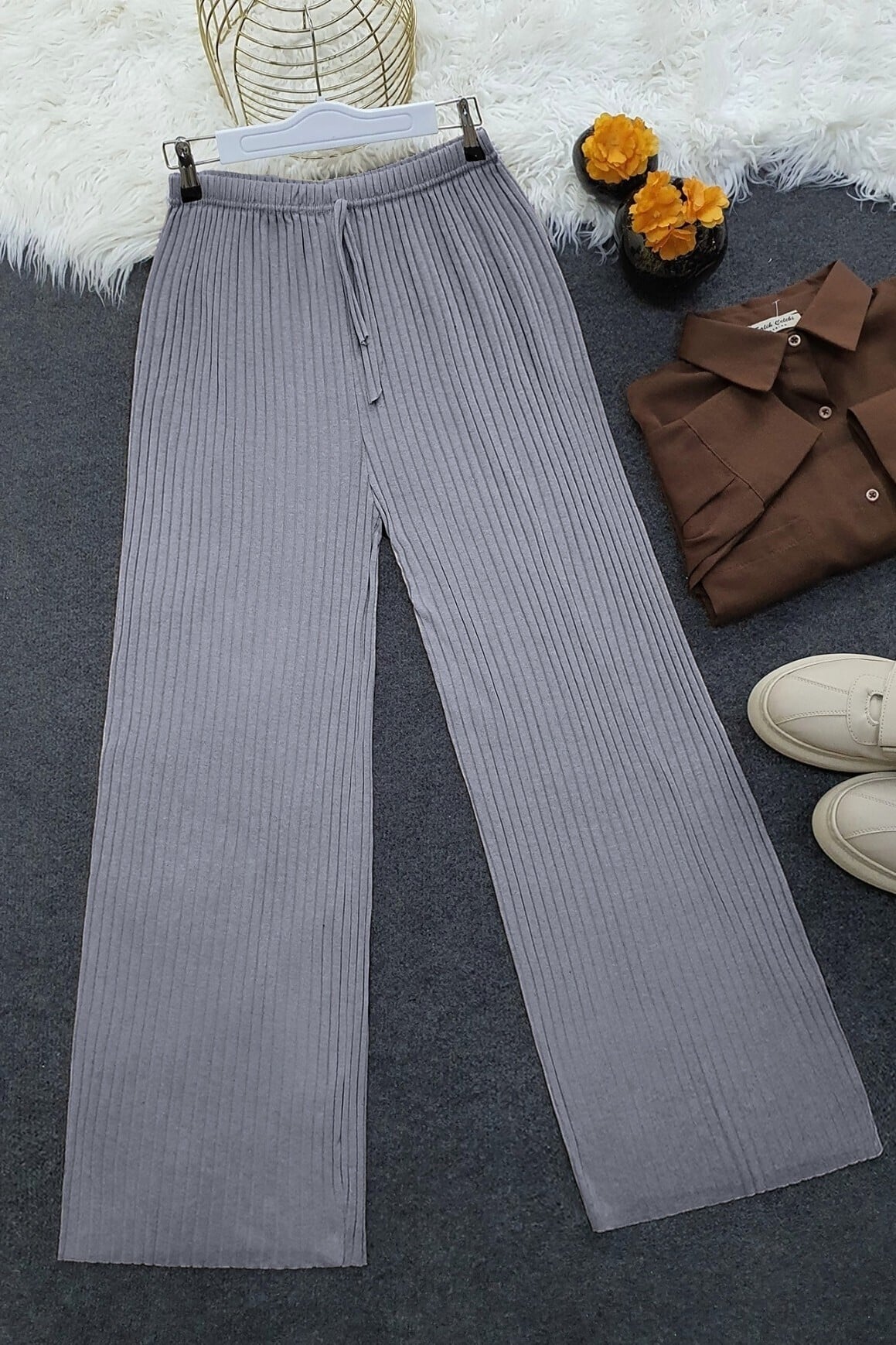 Grey Ribbed Drawstring Wide Leg Trousers - Podyumplus - by Peralane - photo 3
