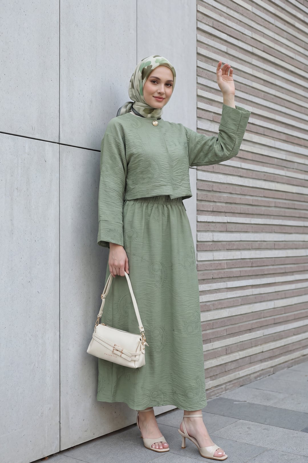 Single Button Embroidered Skirt Set with Linen Look - Khaki - Podyumplus - by Peralane