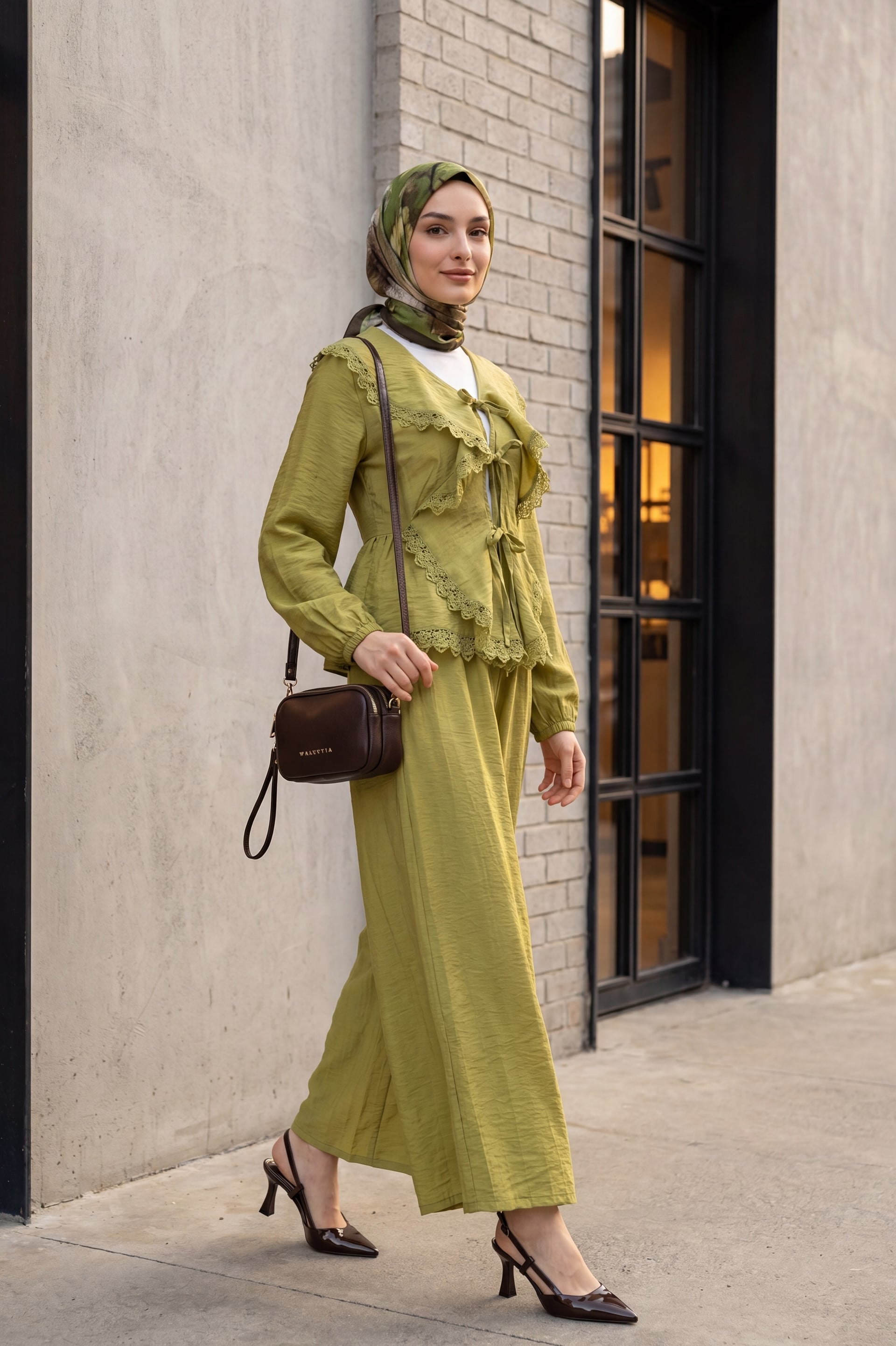 Lace Detail Tie-Front Wide-Leg Trousers Set - Olive Green - Podyumplus - by Peralane - photo 7