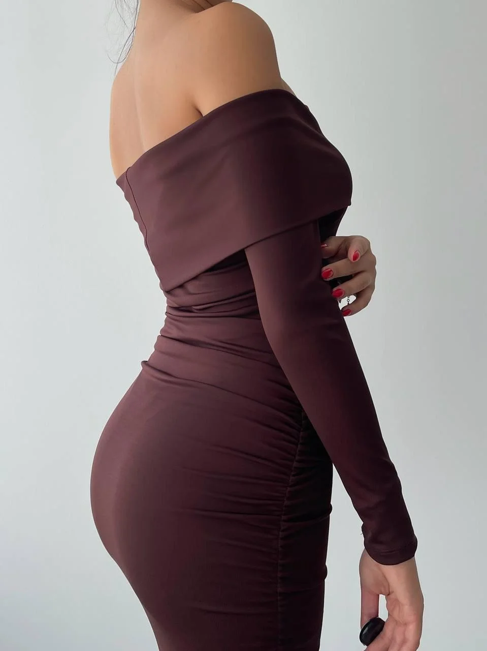 Women's Off-Shoulder Long-Sleeve Dress with Ruching - Burgundy - Etika - by Peralane - photo 4
