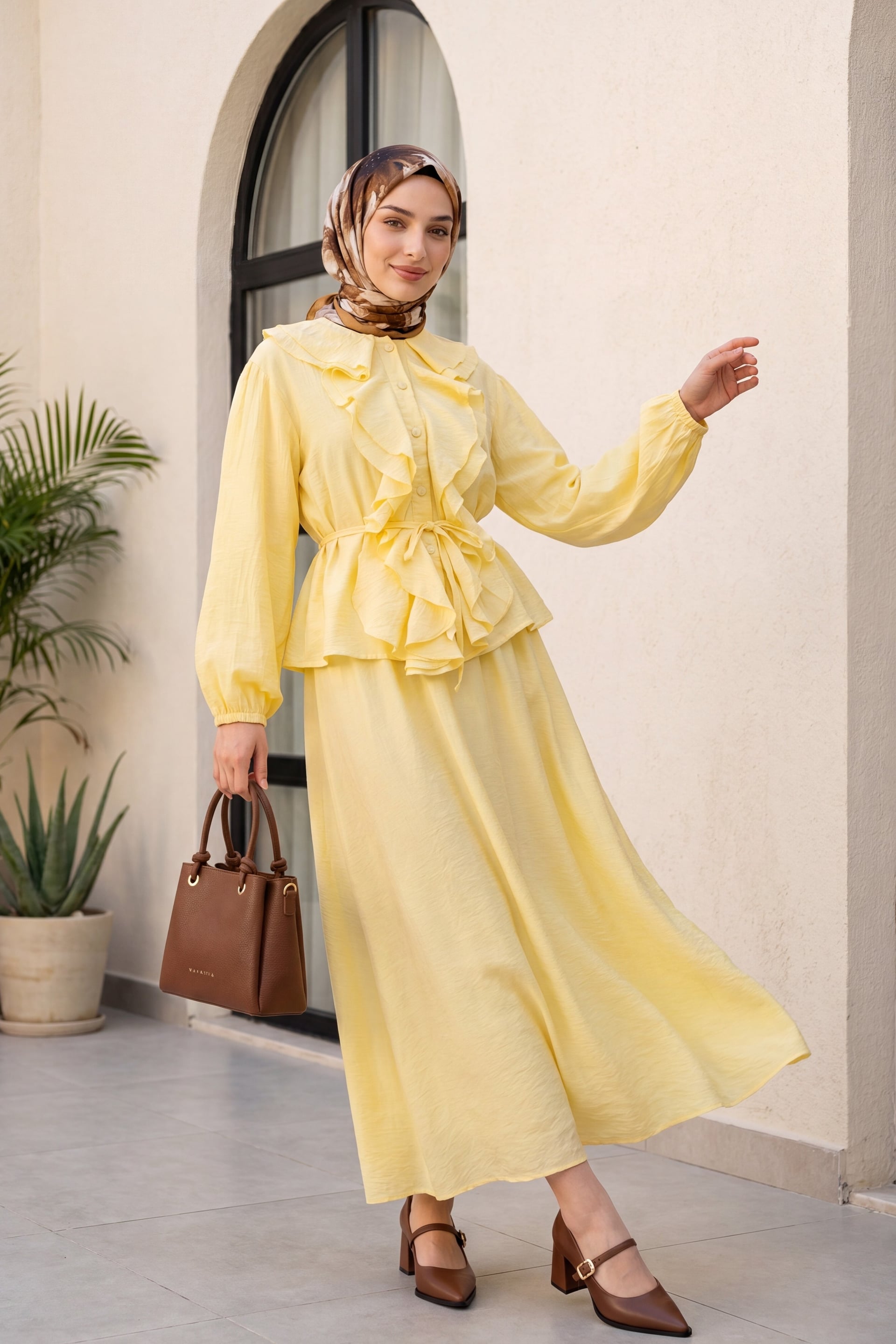 Women's Ruffled Front Long-Sleeve Blouse and Skirt Set in Yellow - Podyumplus - by Peralane