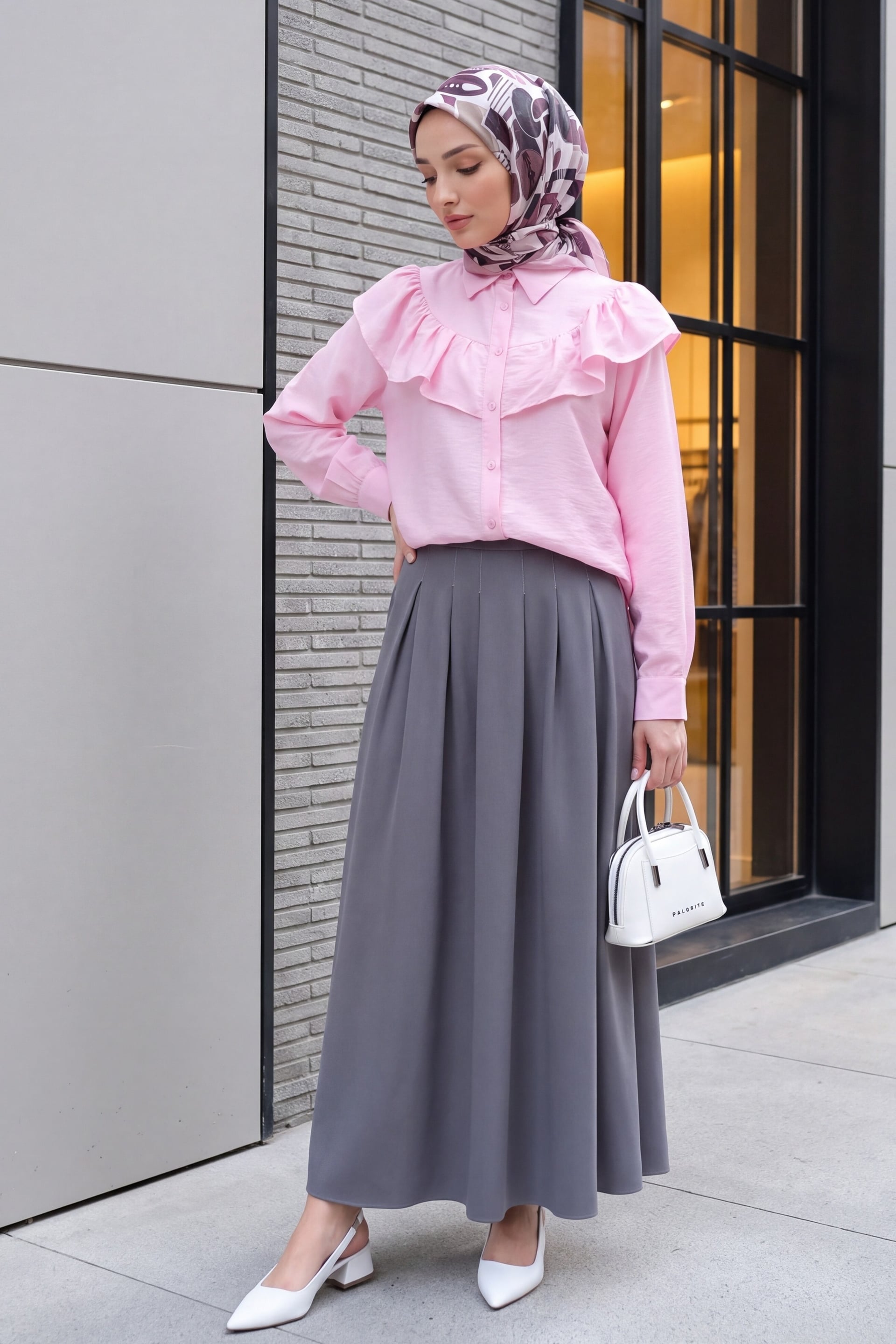 Pleated Crepe Skirt with Zip Pockets - Grey - Podyumplus - by Peralane - photo 2