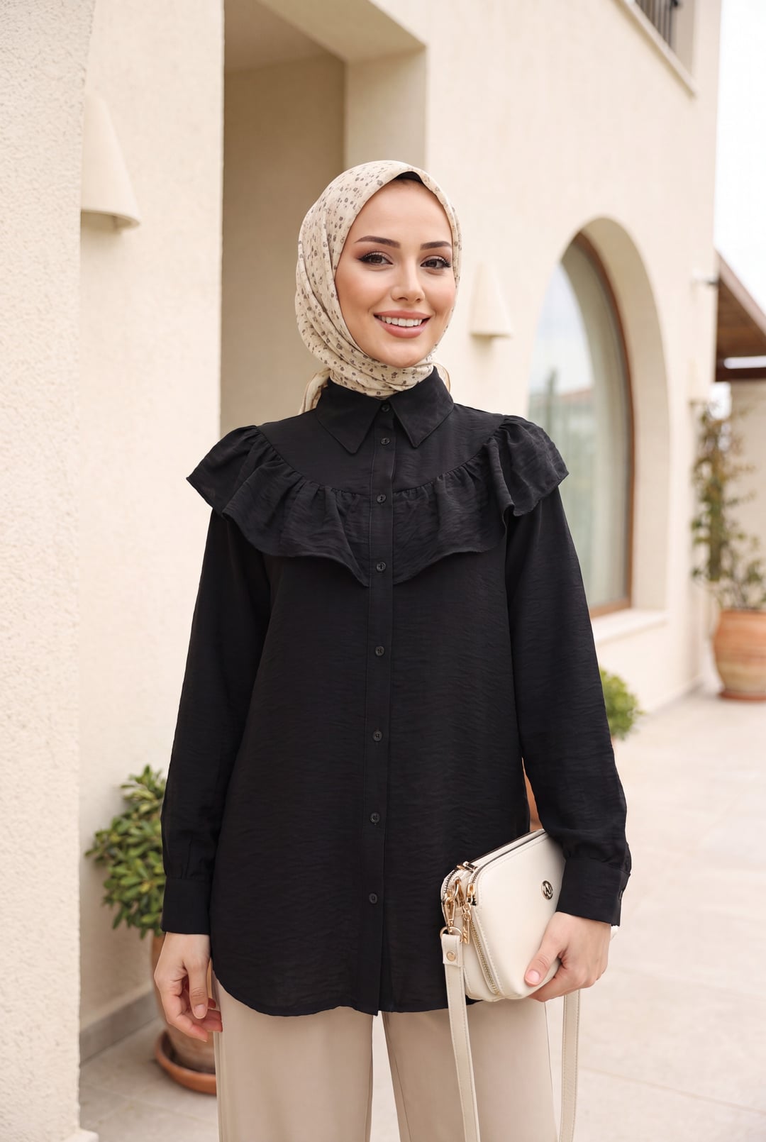 Black Ruffled Rayon Tunic with Button Front - Podyumplus - by Peralane - photo 5