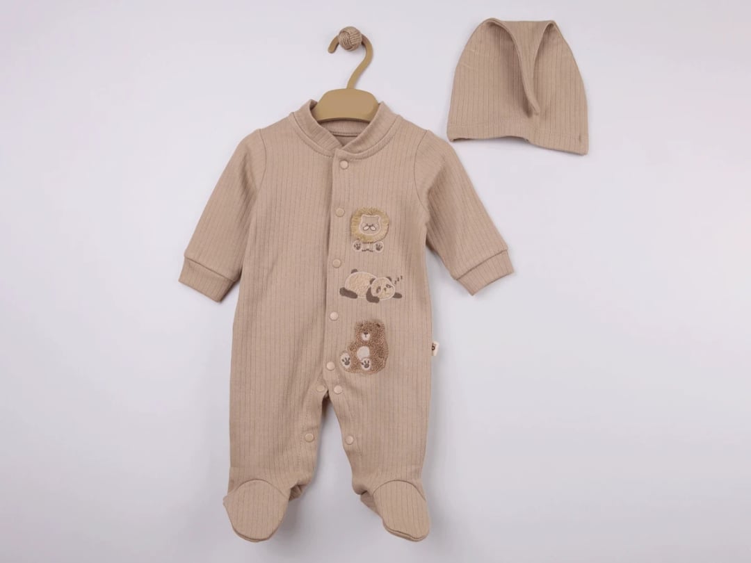 Brown Embroidered Animal Romper and Hat Set for Baby Boys - Pookie - by Peralane