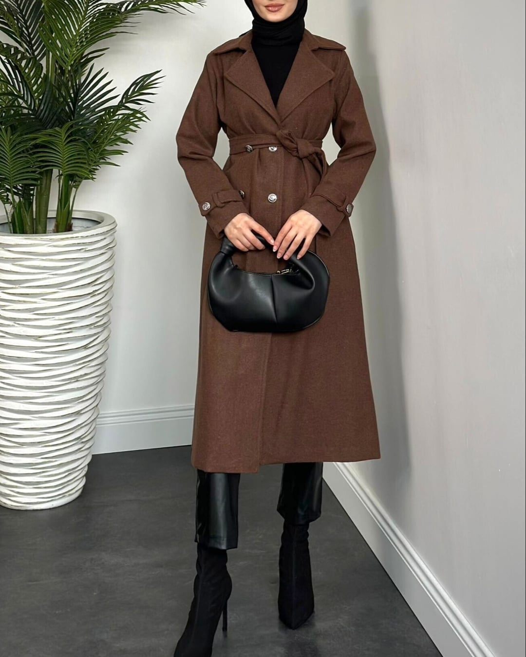 Double-Breasted Wool-Blend Coat with Tie Belt - Brown - Podyumplus - by Peralane - photo 3