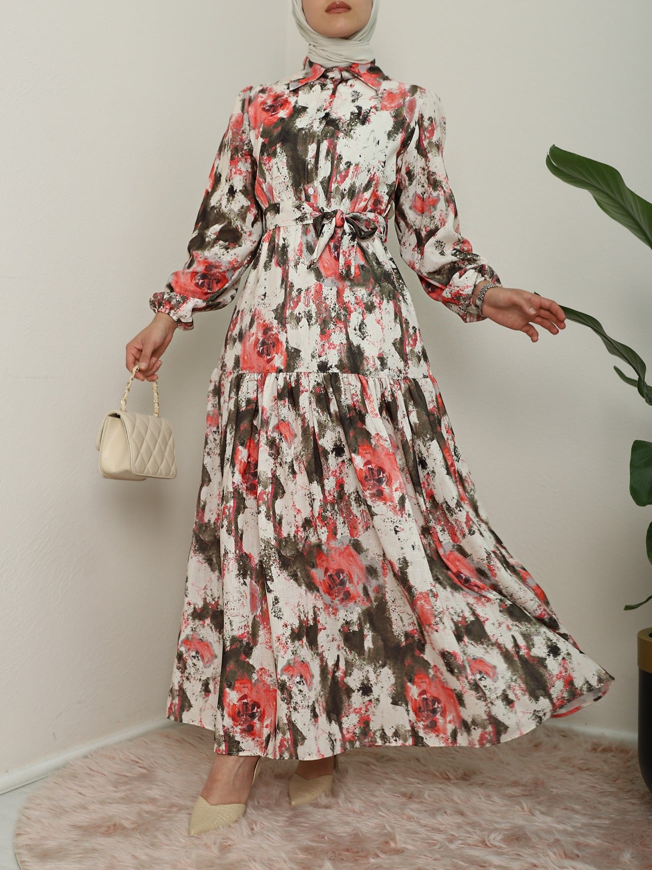 Batik Print Tie-Waist Tiered Linen Look Dress - Salmon - Podyumplus - by Peralane - photo 4