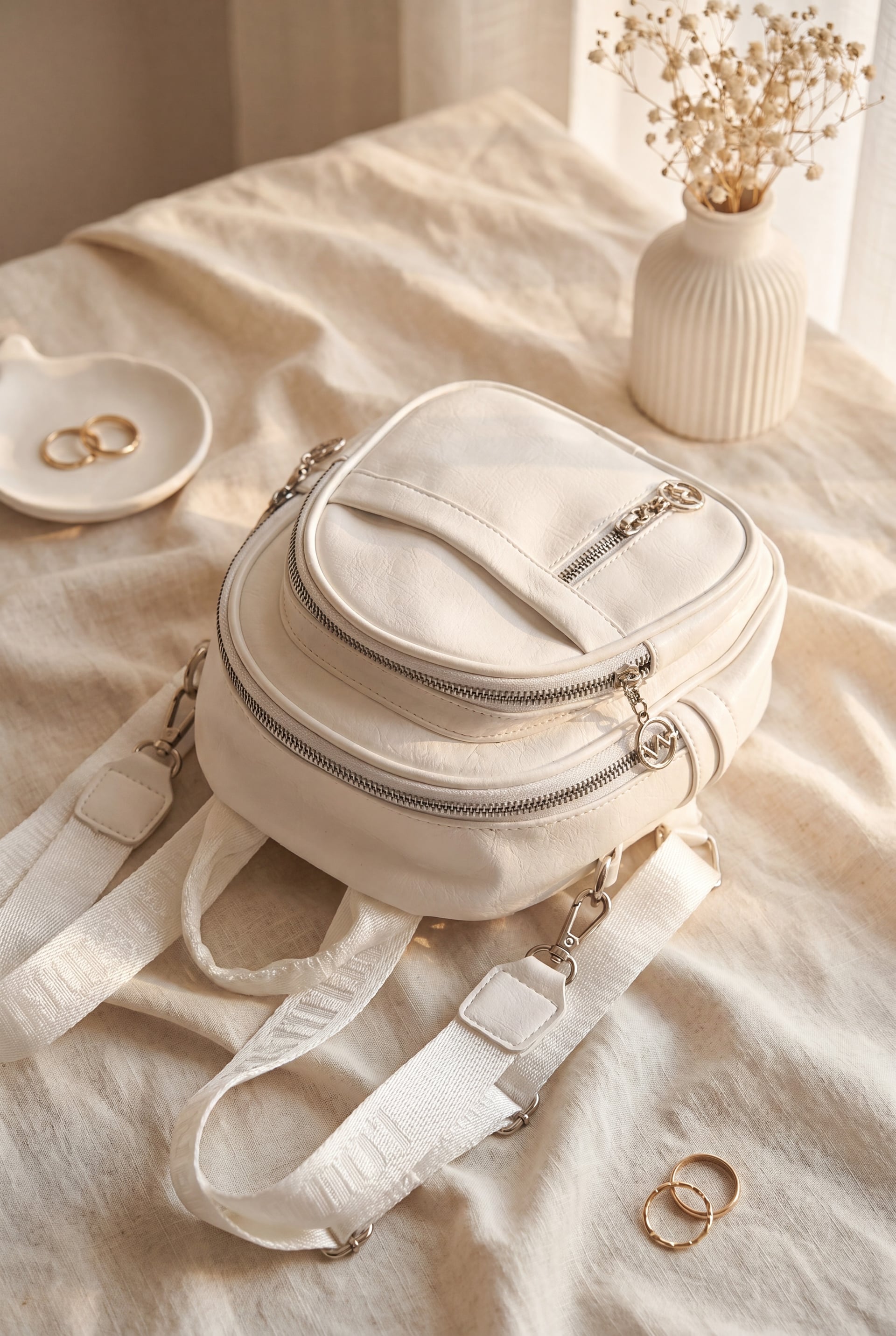 Oval Design Woven Strap Multi-Compartment Women's Backpack - White - Podyumplus - by Peralane