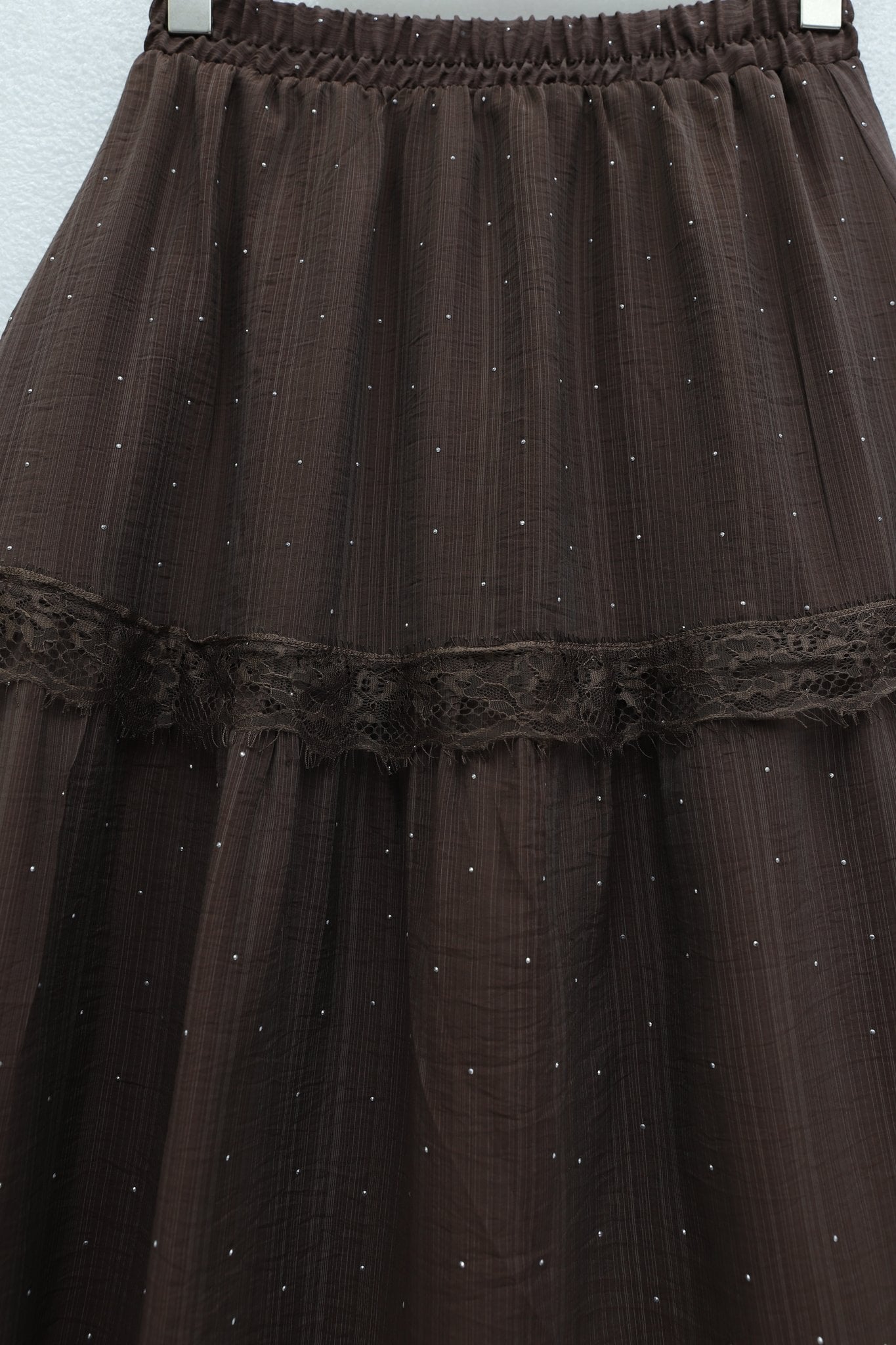 Women's Elastic Waist Lined Stone and Lace Detail Voile Skirt - Brown - Podyumplus - by Peralane - photo 5