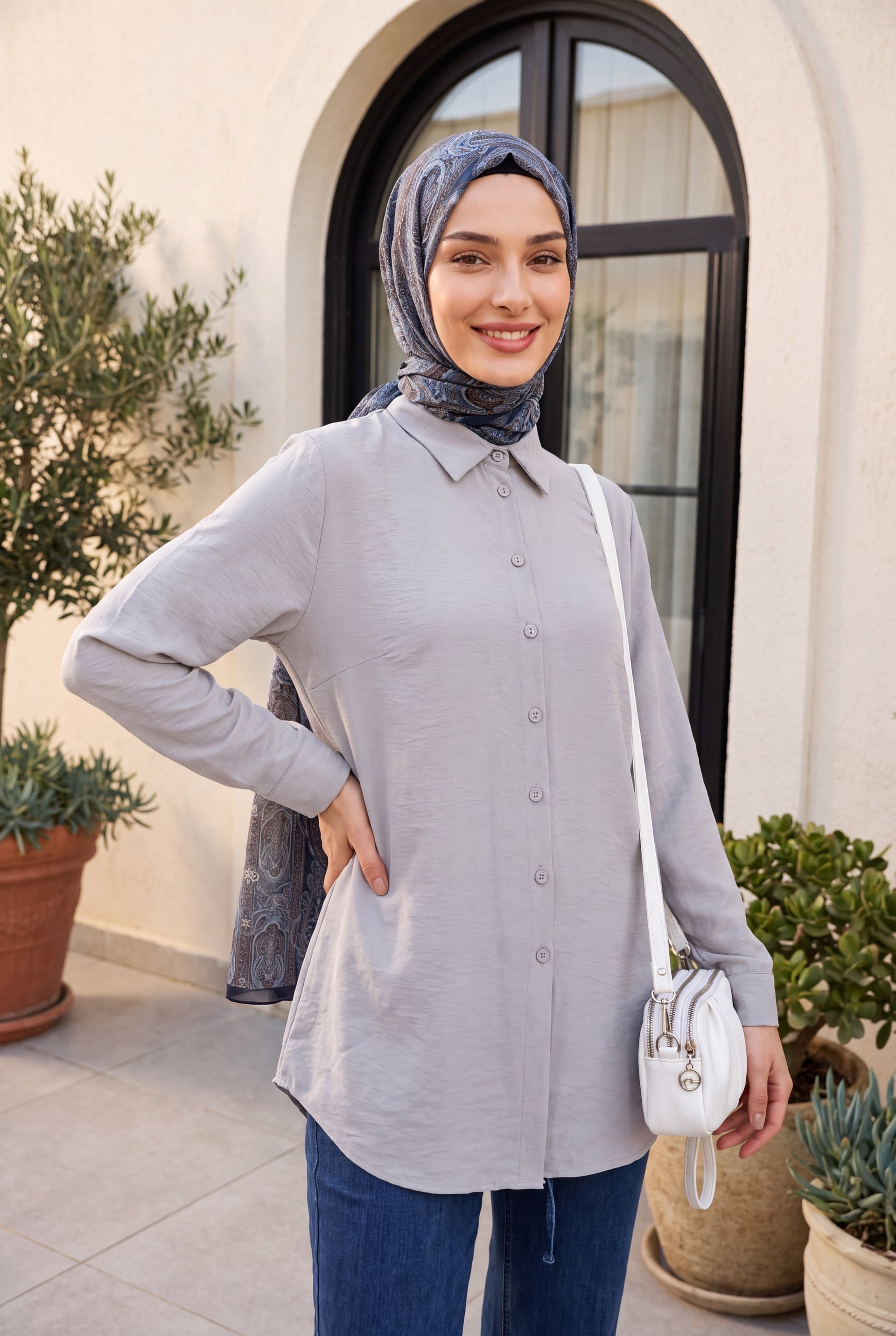 Long Back Buttoned Poplin Shirt - Light Grey - Podyumplus - by Peralane - photo 5