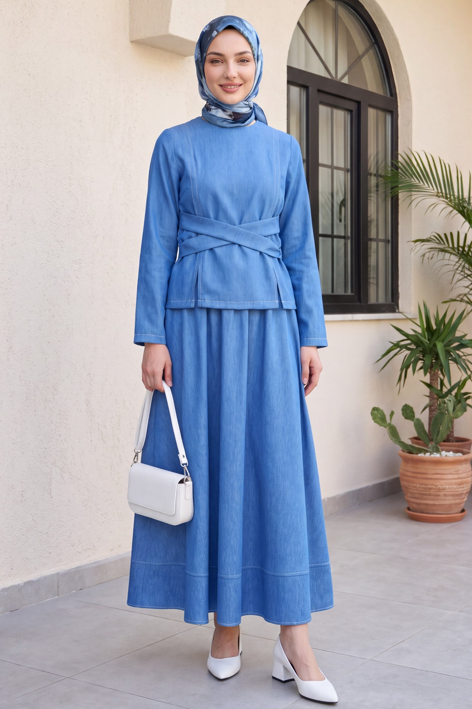 Round Neck Cross Lace Belted Peplum Top and Maxi Skirt Set - Blue - Podyumplus - by Peralane - photo 2