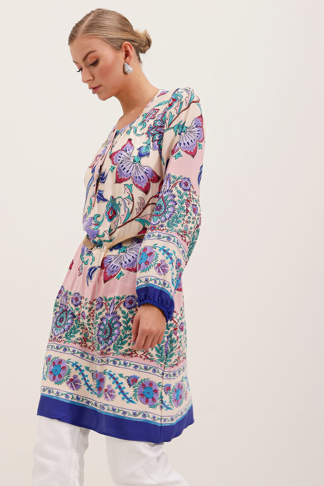 5902 Belted Patterned Dress - Purple - Bigdart - by Peralane