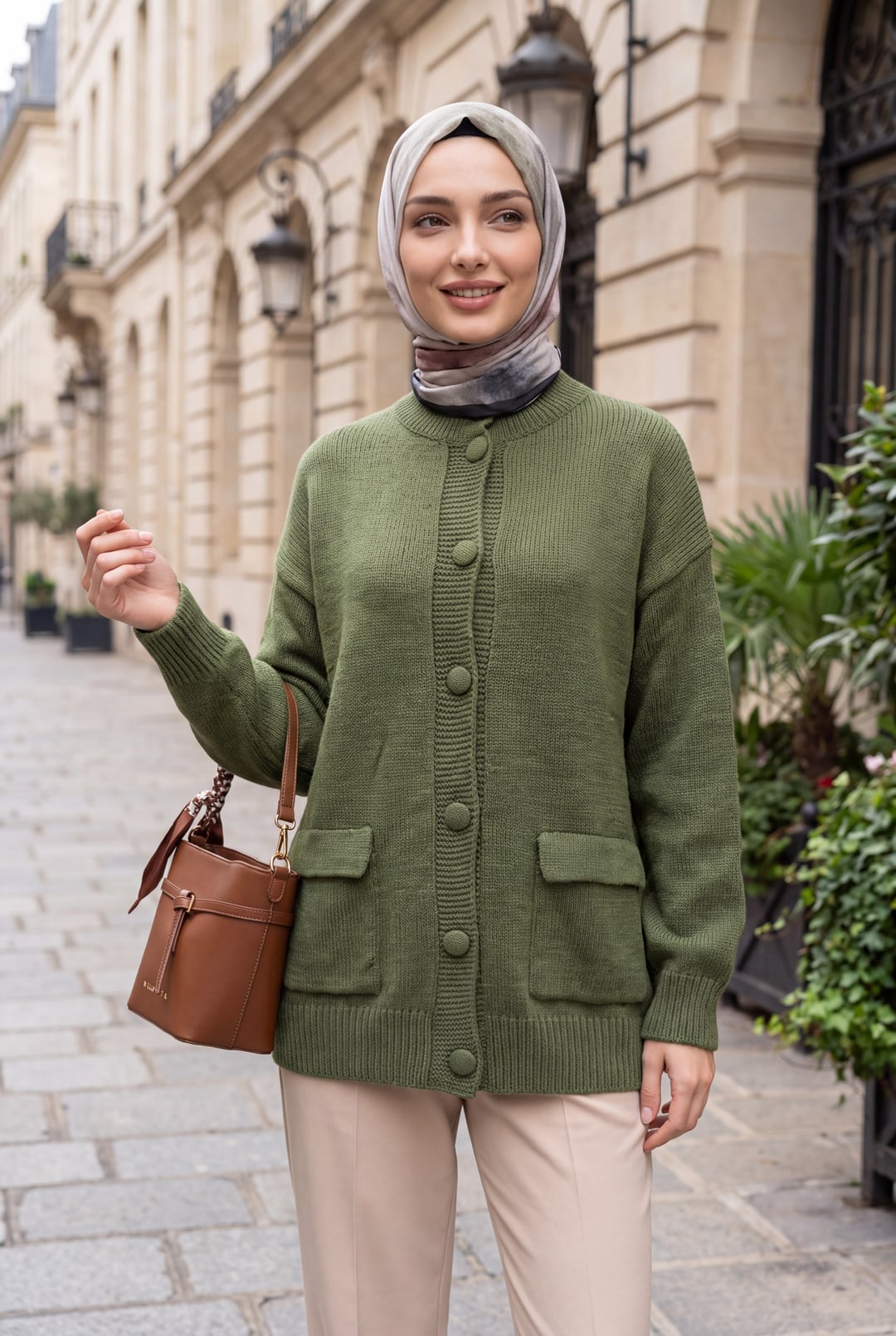 Half-Zip Buttoned Oversized Knit Cardigan with Pockets - Olive Green - Podyumplus - by Peralane - photo 2