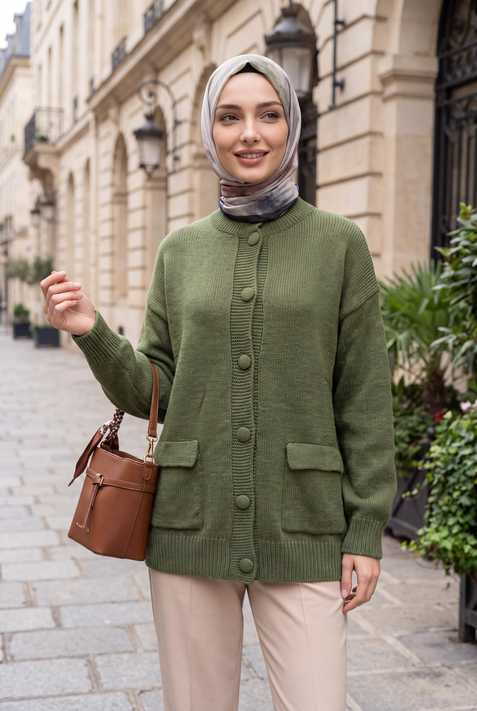 Half-Zip Buttoned Oversized Knit Cardigan with Pockets - Olive Green - Podyumplus - by Peralane - photo 2