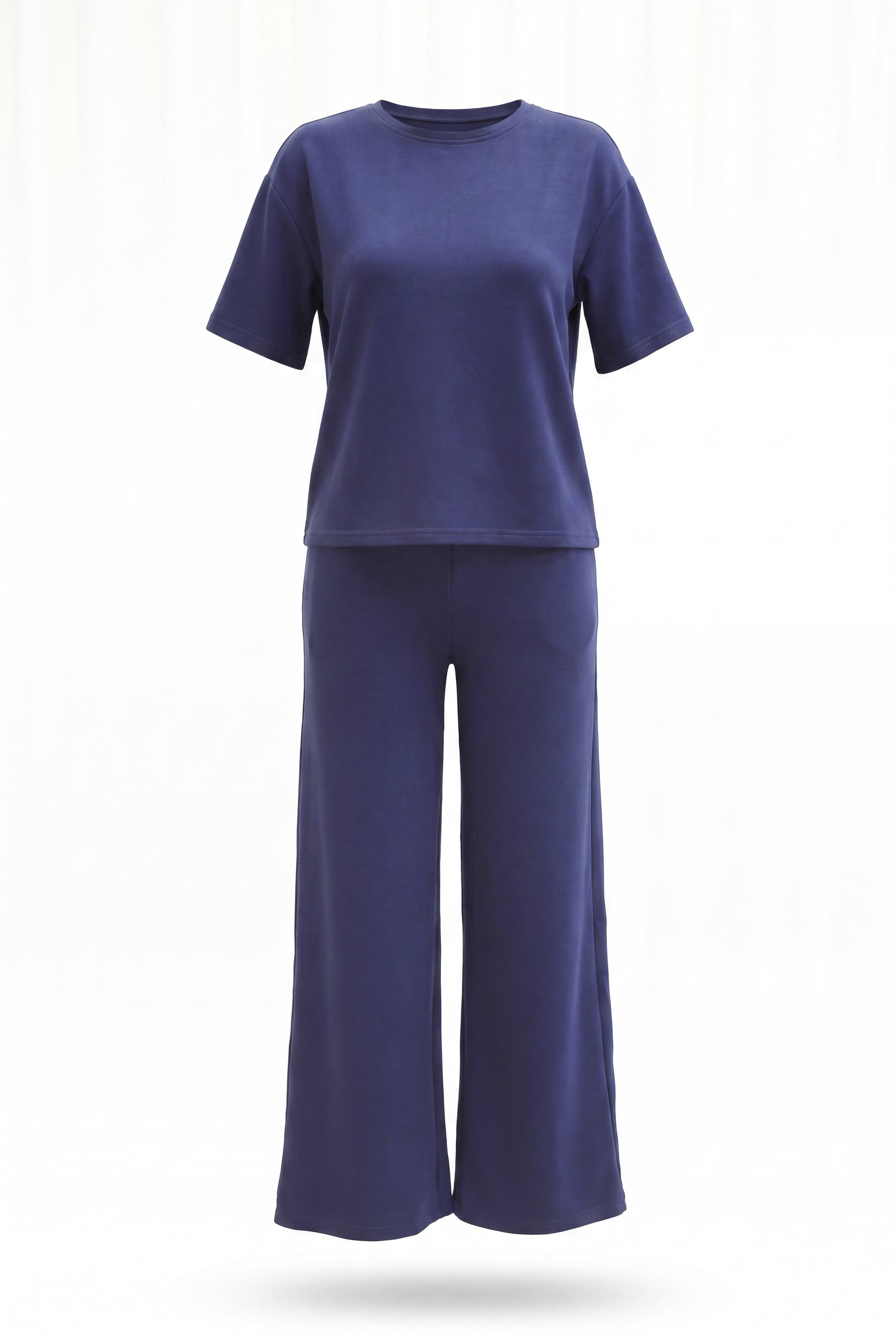 Navy Blue Crew Neck Short Sleeve T-Shirt and Wide-Leg Trousers Set - Podyumplus - by Peralane - photo 4