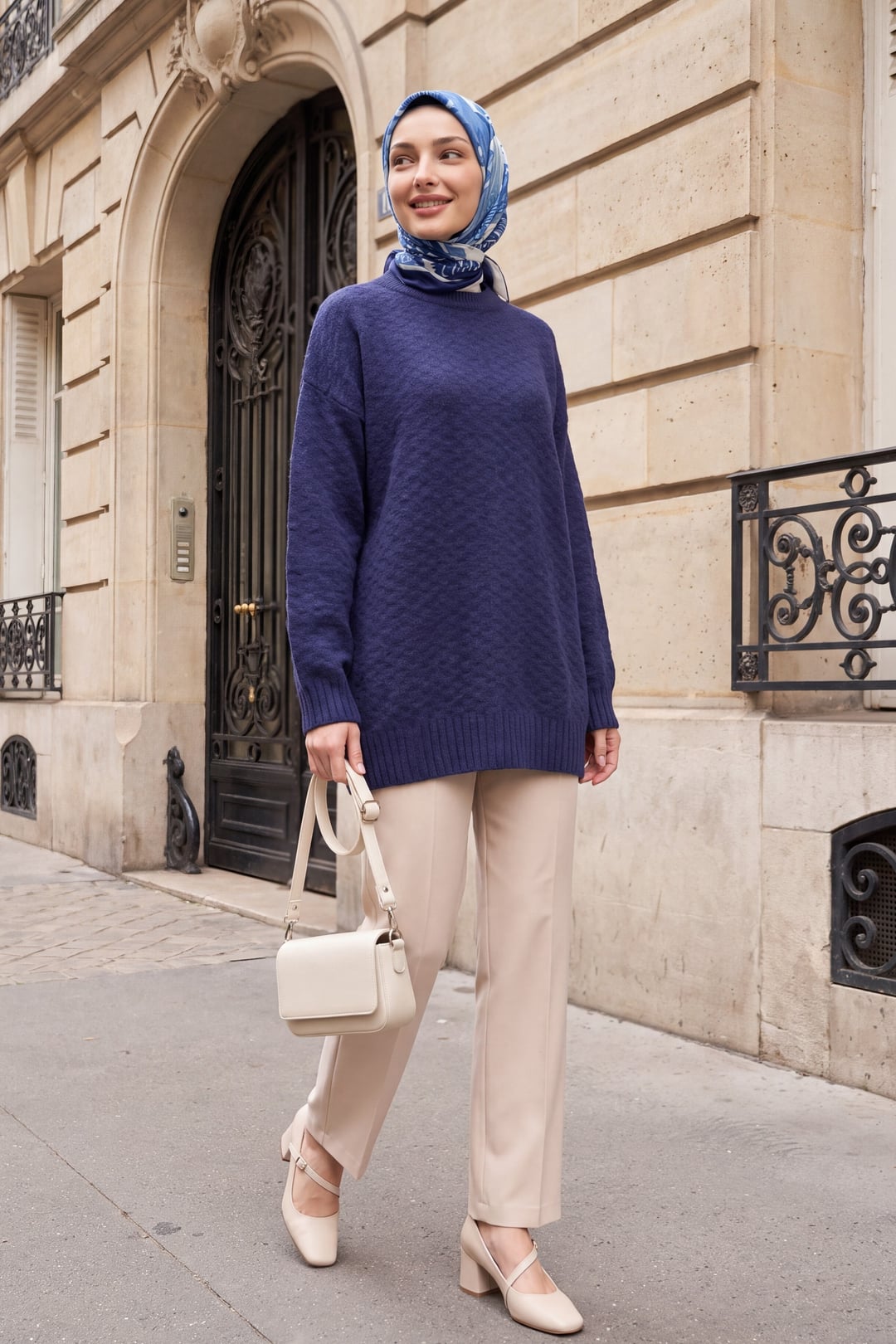 Round Neck Ribbed Hem Casual Knit Tunic - Navy - Podyumplus - by Peralane - photo 3