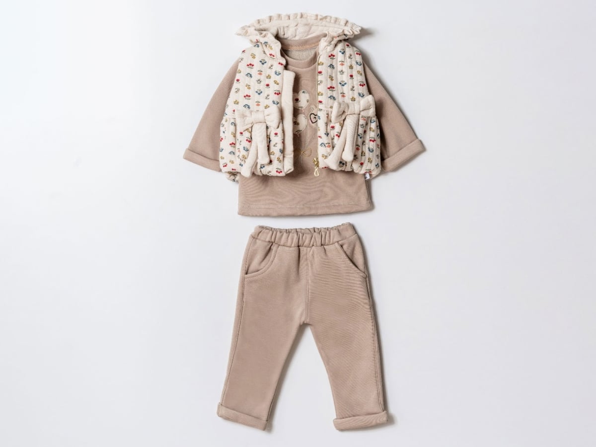 Floral Print Girls Baby Set - Beige (Top, Trousers, Vest) - Hippil - by Peralane
