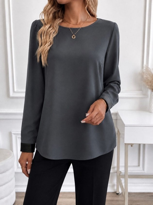 Women's Long Sleeve Crew Neck Blouse with Leather Cuff Detail - Janes - by Peralane