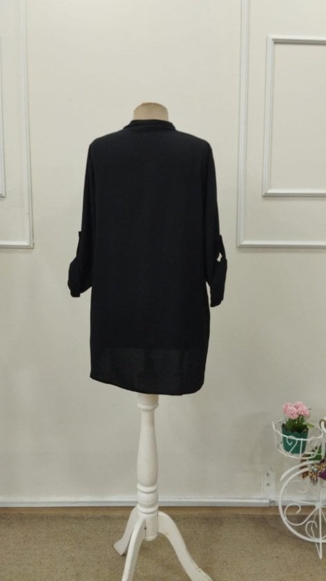 Women's Black Long-Sleeved Blouse with Stand Collar and Side Buttons - Janes - by Peralane - photo 6