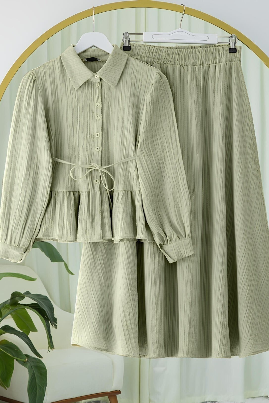 Ruffle Skirt Buttoned Tie-Waist Modest Set - Olive Green - Podyumplus - by Peralane - photo 6