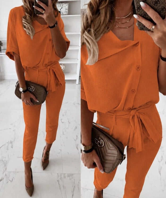 Women's Short Sleeve Collared Button-Up Crinkle Blouse and Trousers Two-Piece Set - Janes - by Peralane