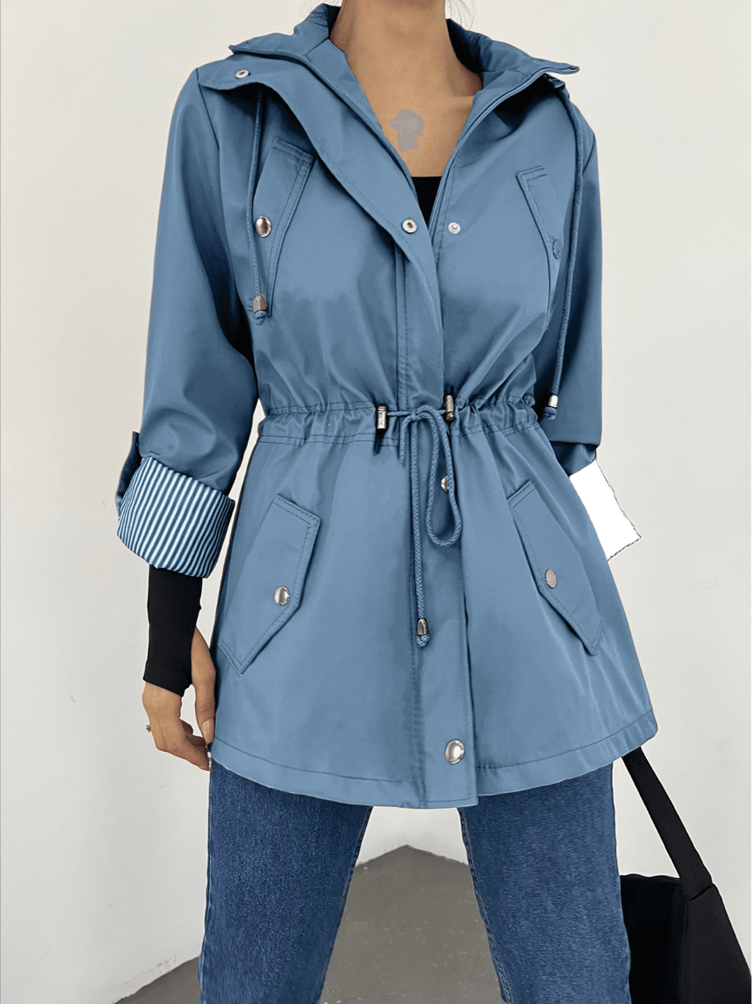 Blue Hooded Drawstring Waist Trench Coat for Women - Podyumplus - by Peralane - photo 2
