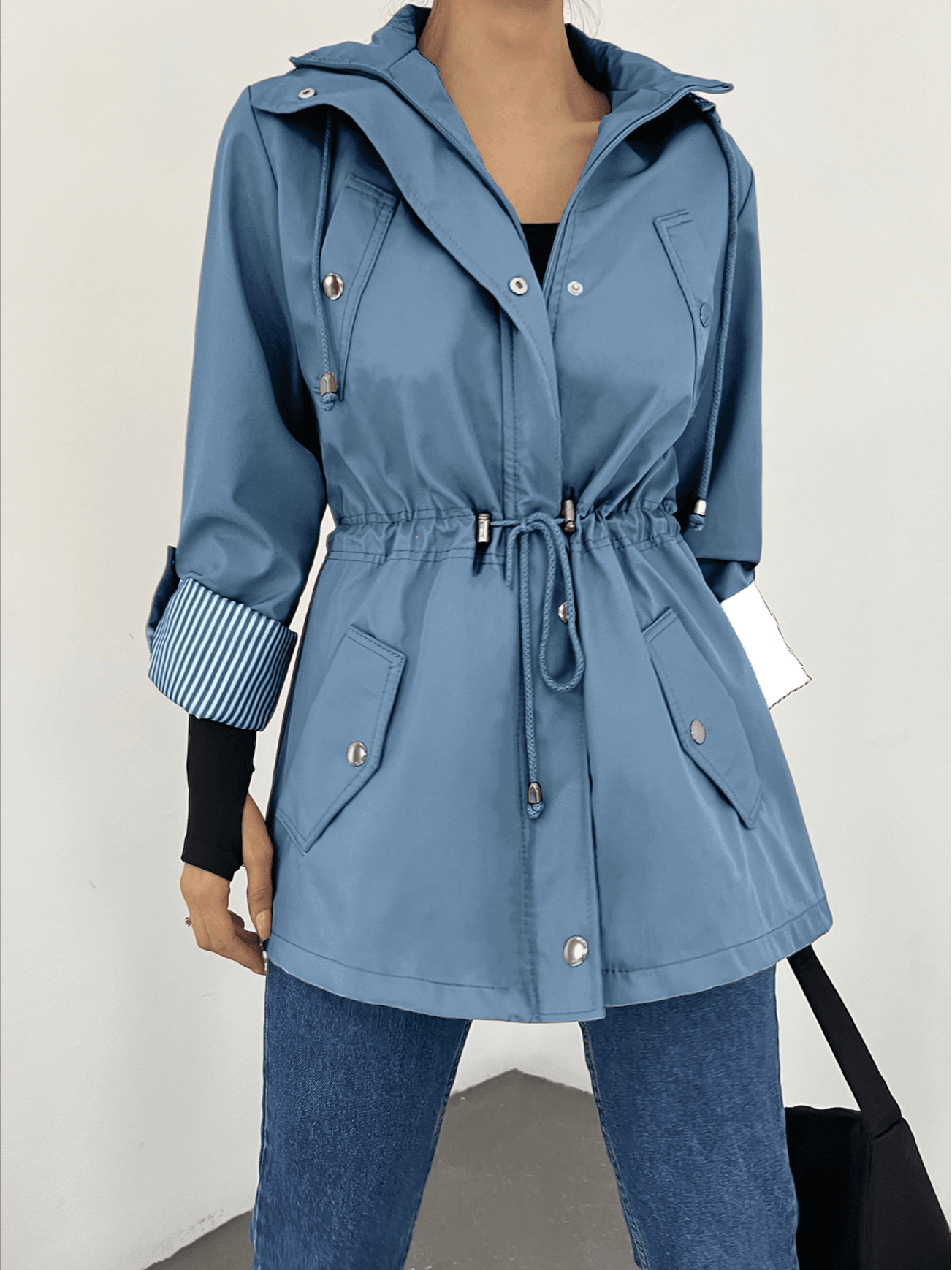 Blue Hooded Drawstring Waist Trench Coat for Women - Podyumplus - by Peralane - photo 2