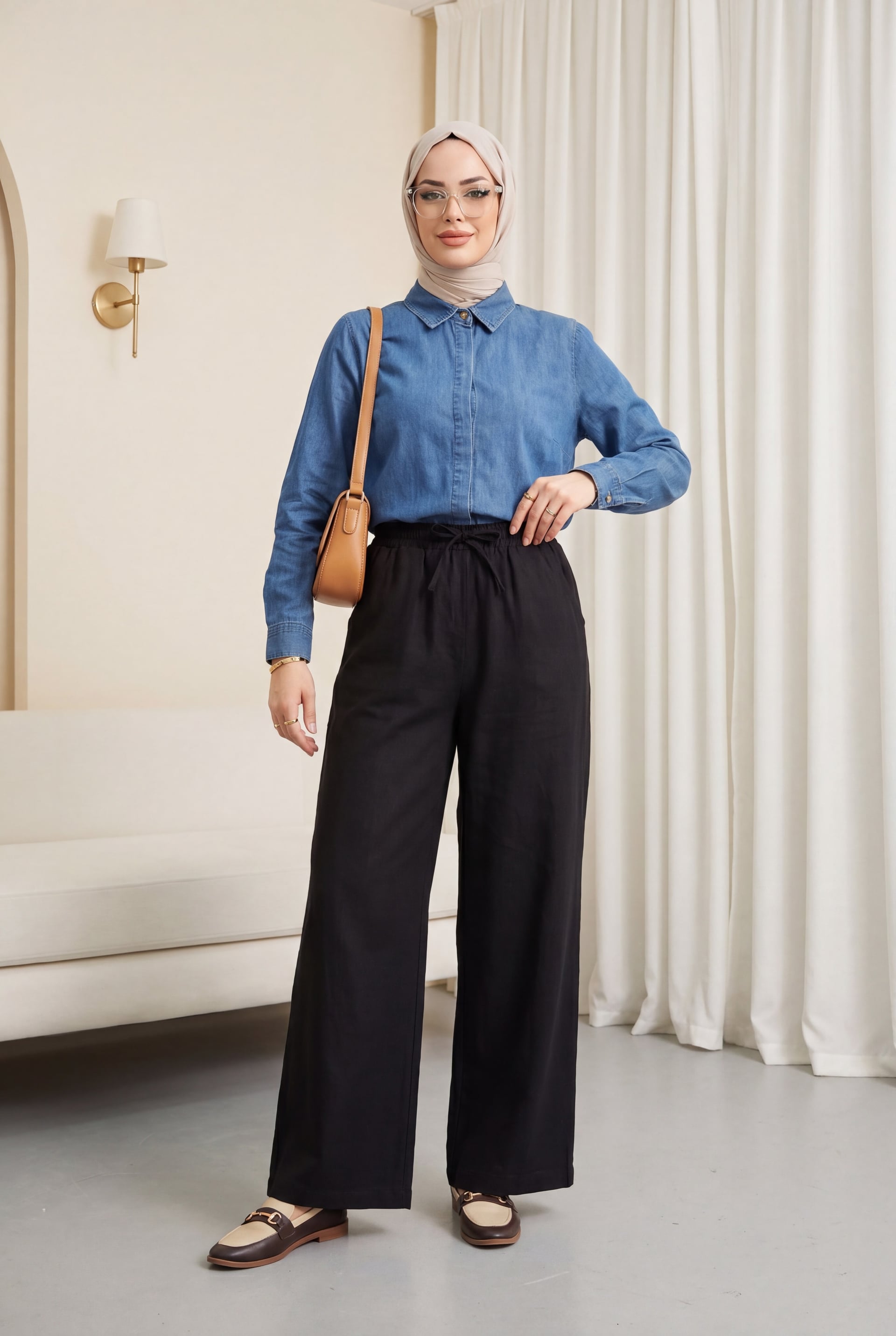 Black Wide-Leg Trousers with Drawstring Waist and Pockets - Podyumplus - by Peralane - photo 3