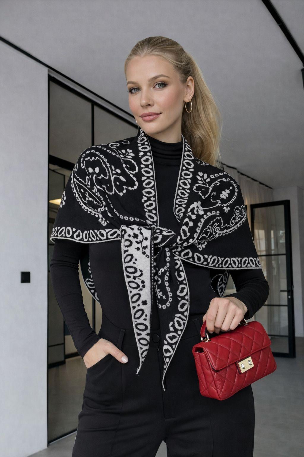 Black Ethnic Paisley Print Kujten Shawl - Nesvay - by Peralane