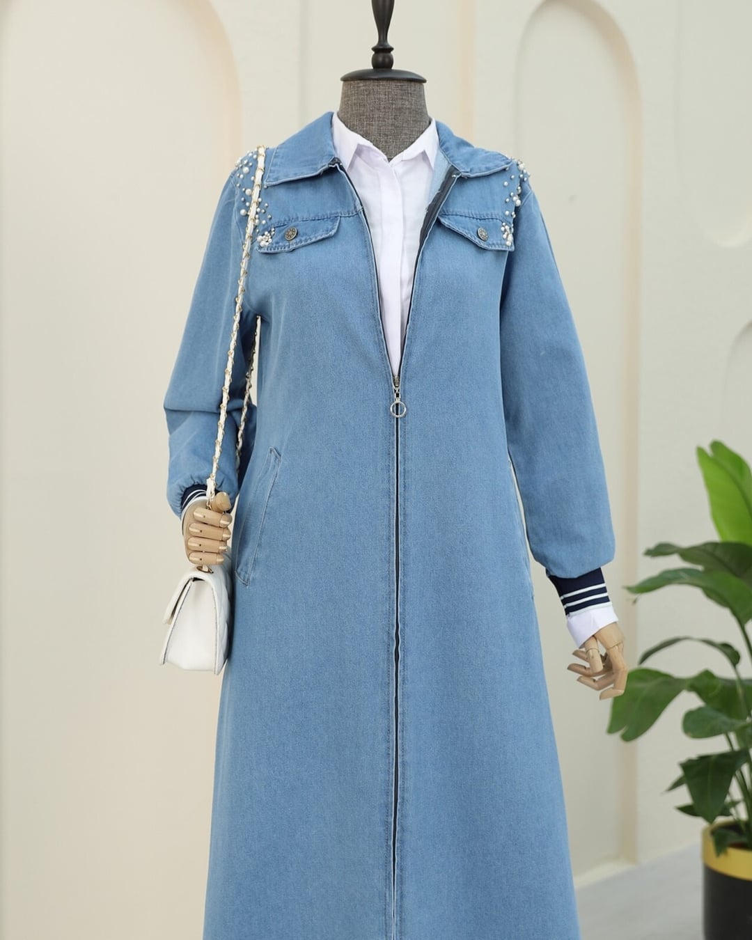 Longline Zip-Up Denim Jacket with Pearl Shoulder Detail - Light Blue - Podyumplus - by Peralane - photo 7