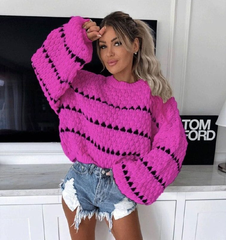 Women's Bright Pink Chunky Knit Sweater with Black Stripes - My Bee - by Peralane