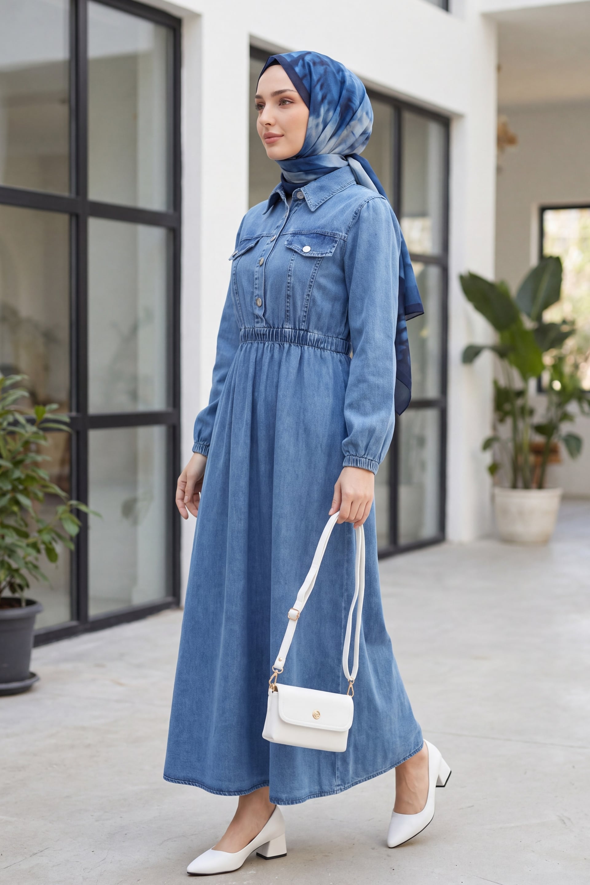Half-Button Elasticated Waist Denim Dress - Ice Blue - Podyumplus - by Peralane - photo 3