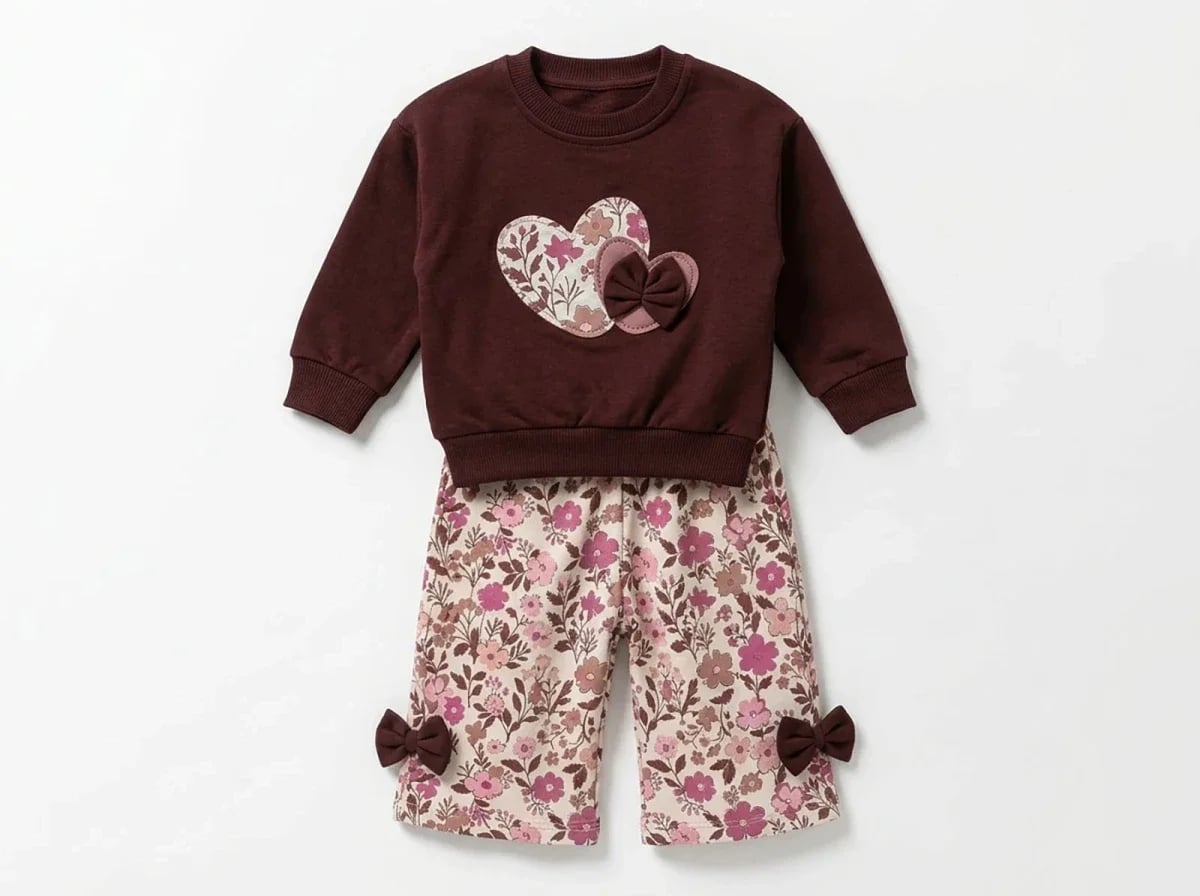 Girls' Two-Piece Set with Heart Sweatshirt and Floral Trousers - Vovido - by Peralane