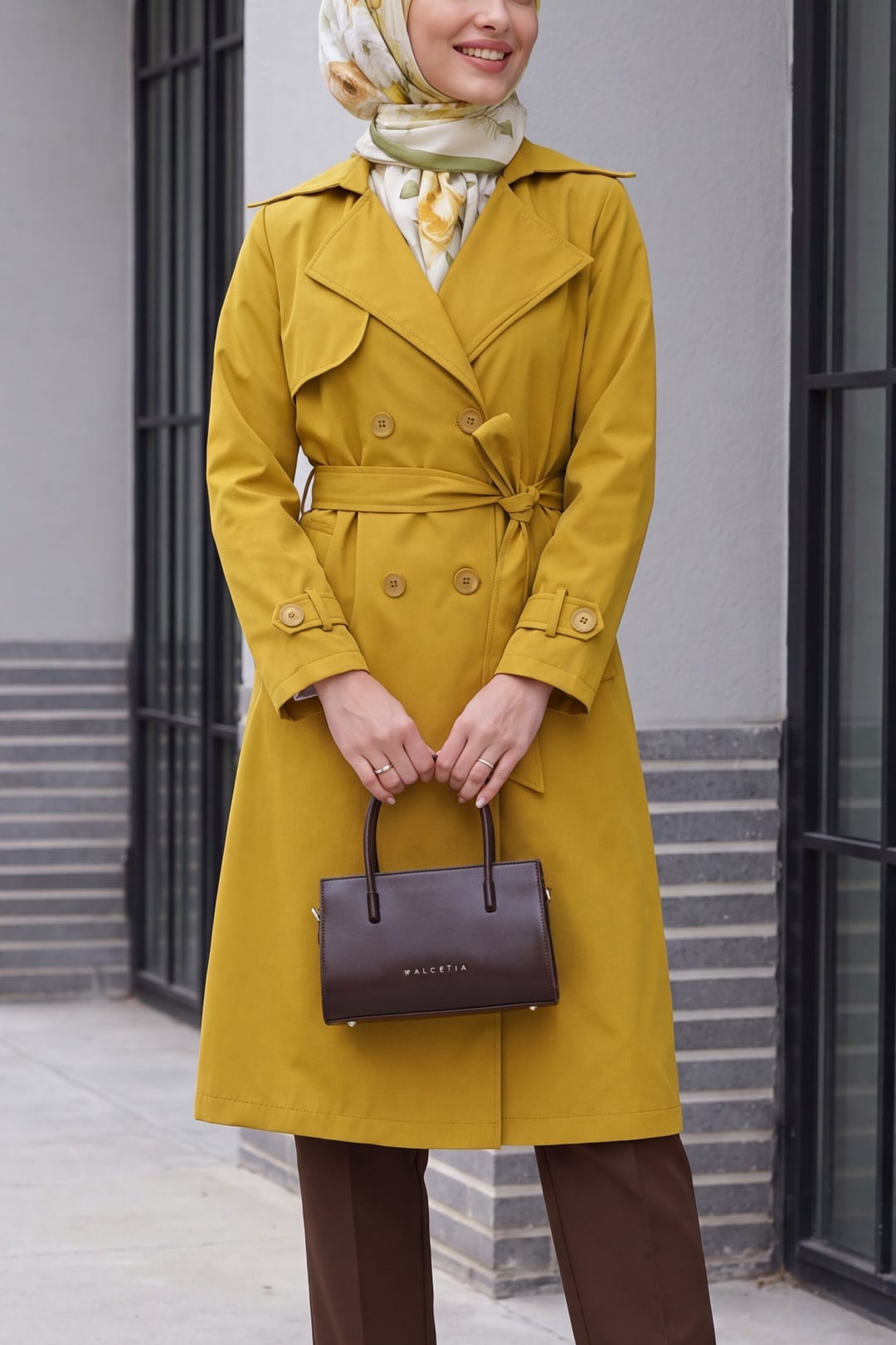 Women's Double-Breasted Trench Coat - Mustard Yellow - Bigdart - by Peralane