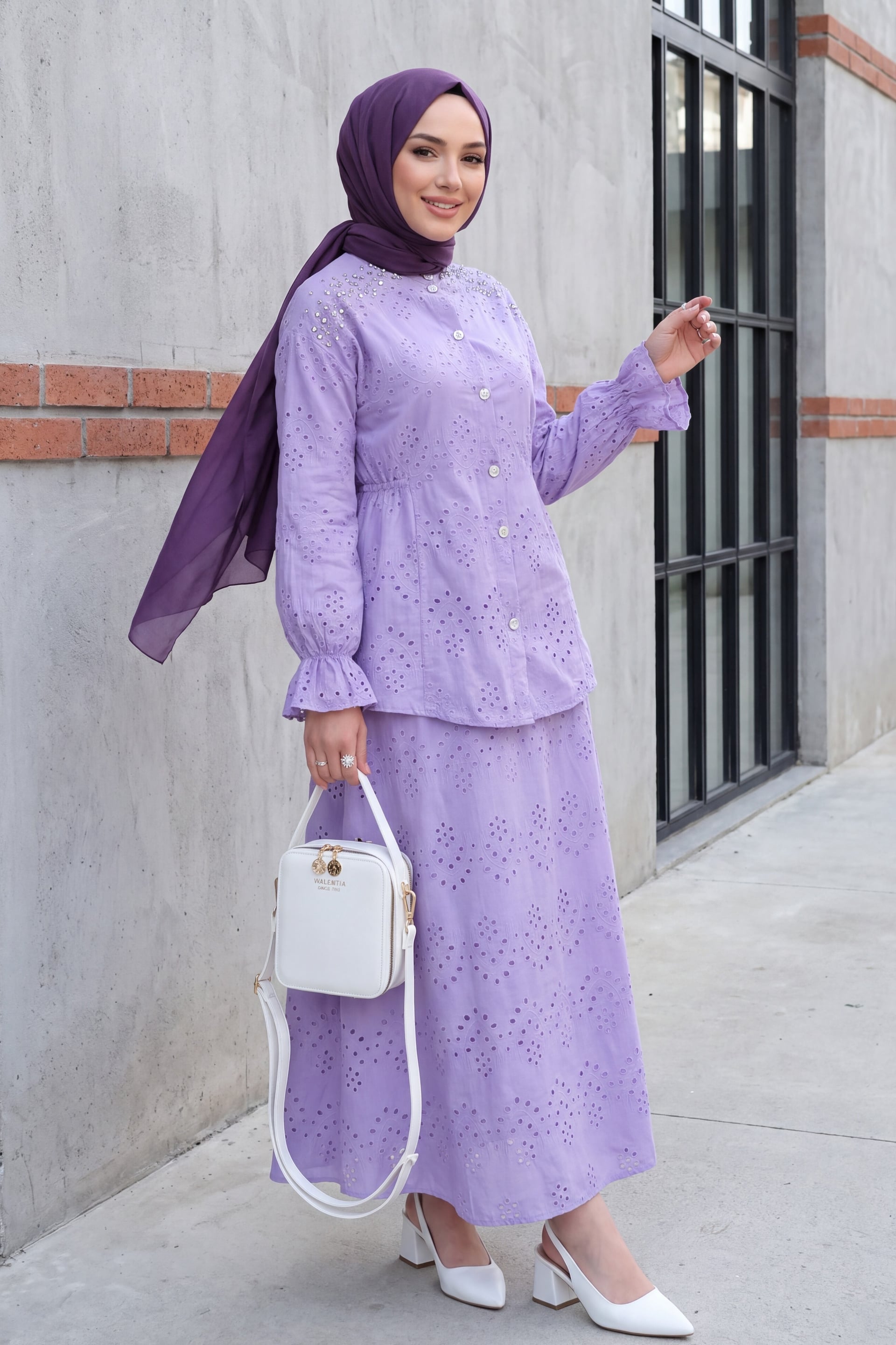 Lavender Eyelet Two-Piece Modest Set with Mandarin Collar Blouse and Midi Skirt - Podyumplus - by Peralane - photo 4