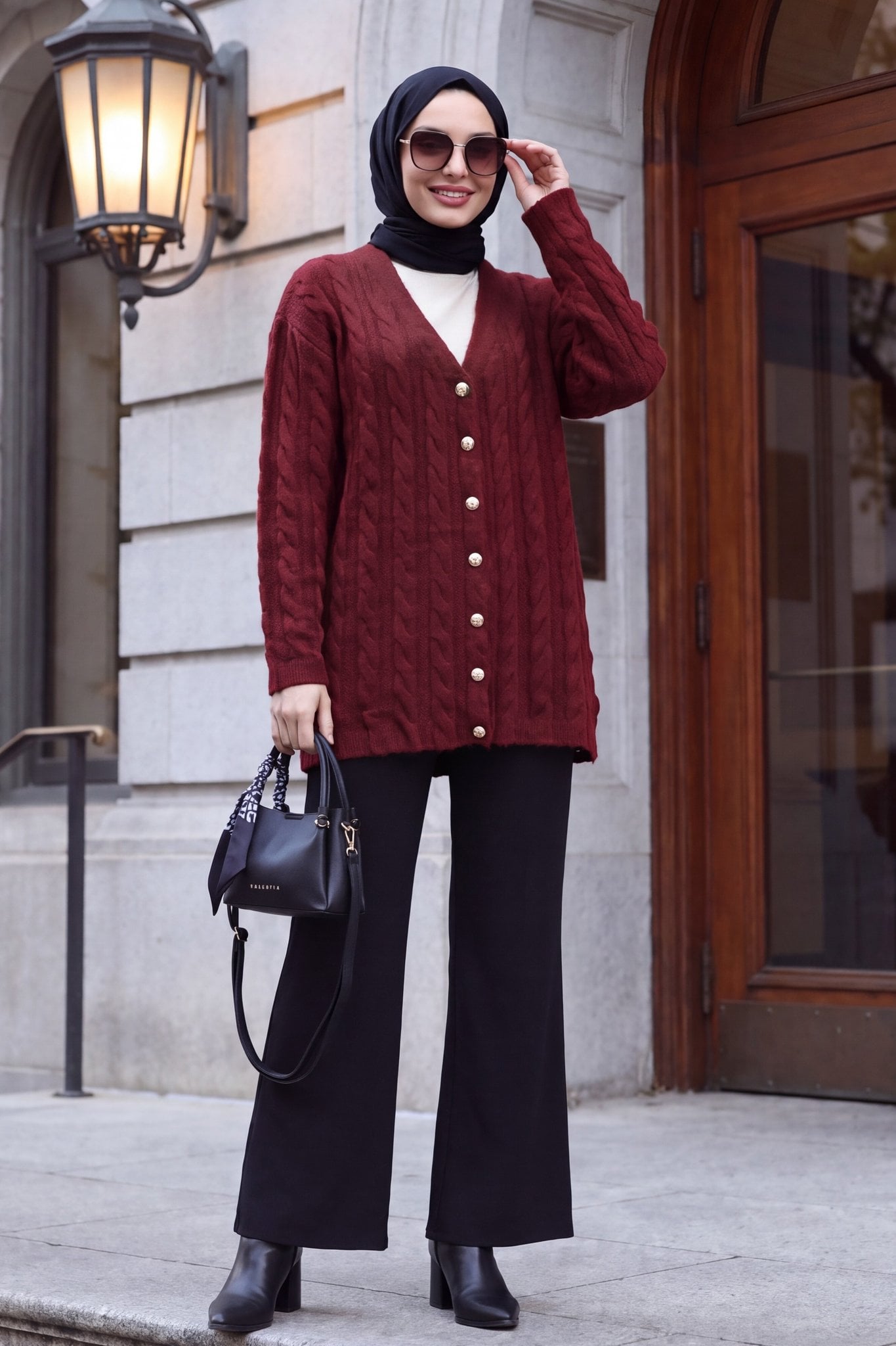 Maroon Cable Knit Cardigan with Pearl Buttons - Podyumplus - by Peralane - photo 5