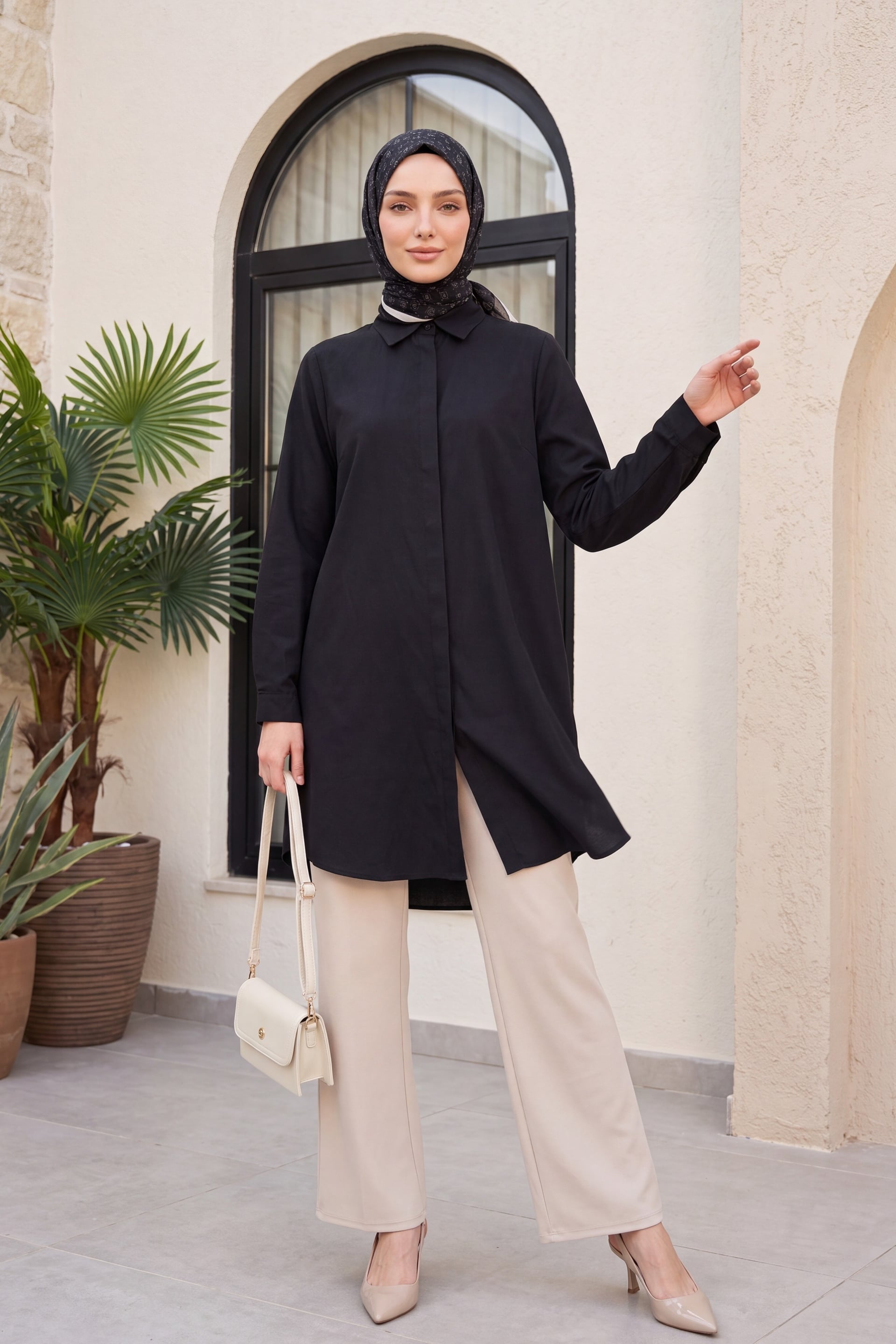 Women's Black Long Tunic Shirt with Hidden Button Placket - Podyumplus - by Peralane - photo 4