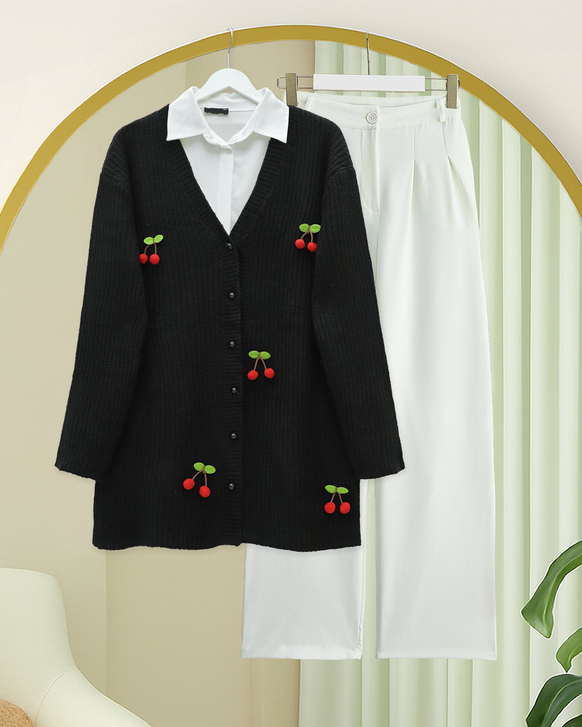 Black Ribbed Knit Cardigan with Cherry Embroidered Buttons - Podyumplus - by Peralane - photo 5