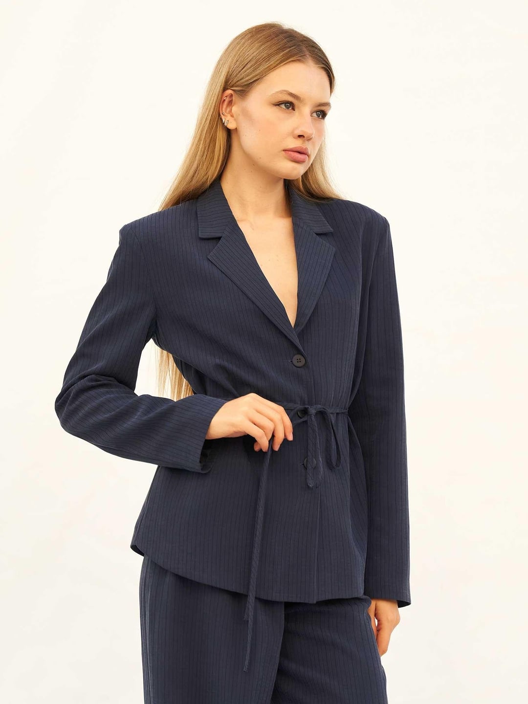 Navy Pinstripe Blazer and Wide-Leg Trousers Set - Lefon - by Peralane - photo 5