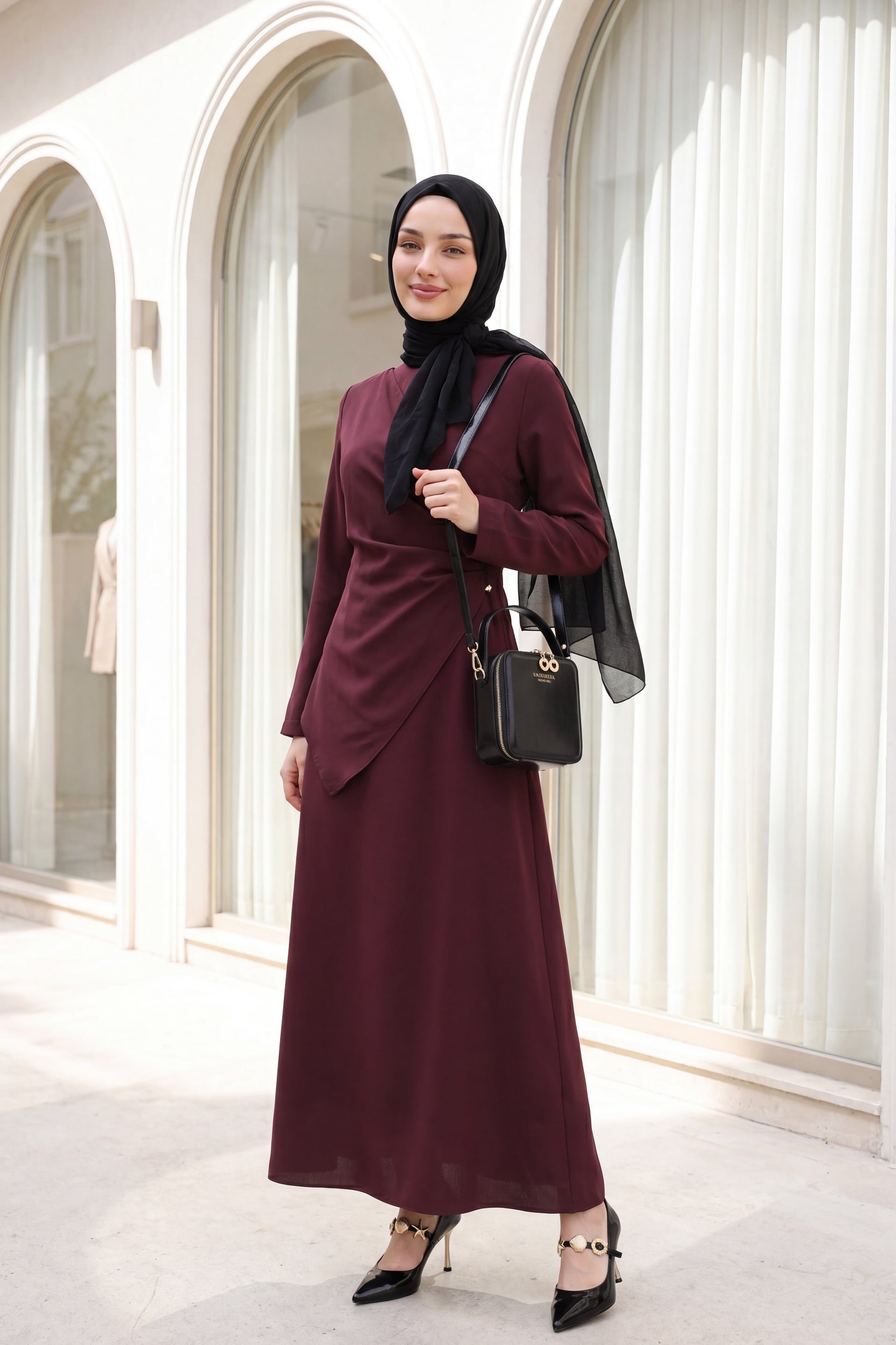 Round Neck Cross Wrap Buckle Dress in Deep Burgundy - Podyumplus - by Peralane - photo 3