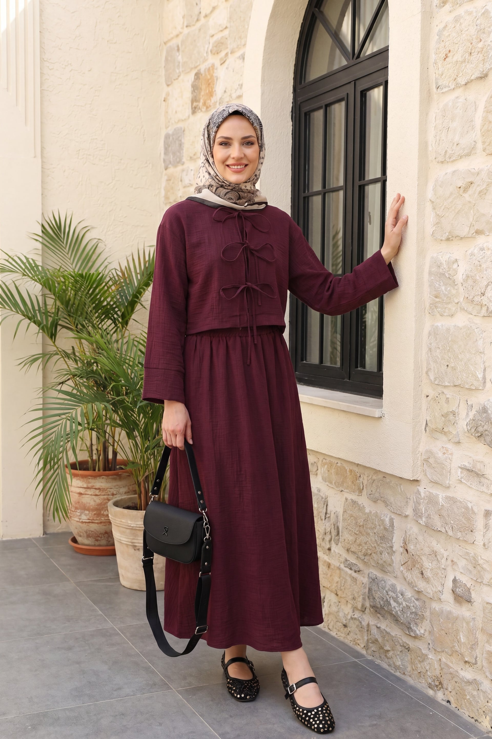 Burgundy Tie-Front Long-Sleeve Top and Long Skirt Linen Look Set - Podyumplus - by Peralane