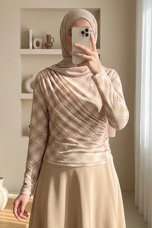 Beige Plaid Ruching Long-Sleeve Blouse - Podyumplus - by Peralane