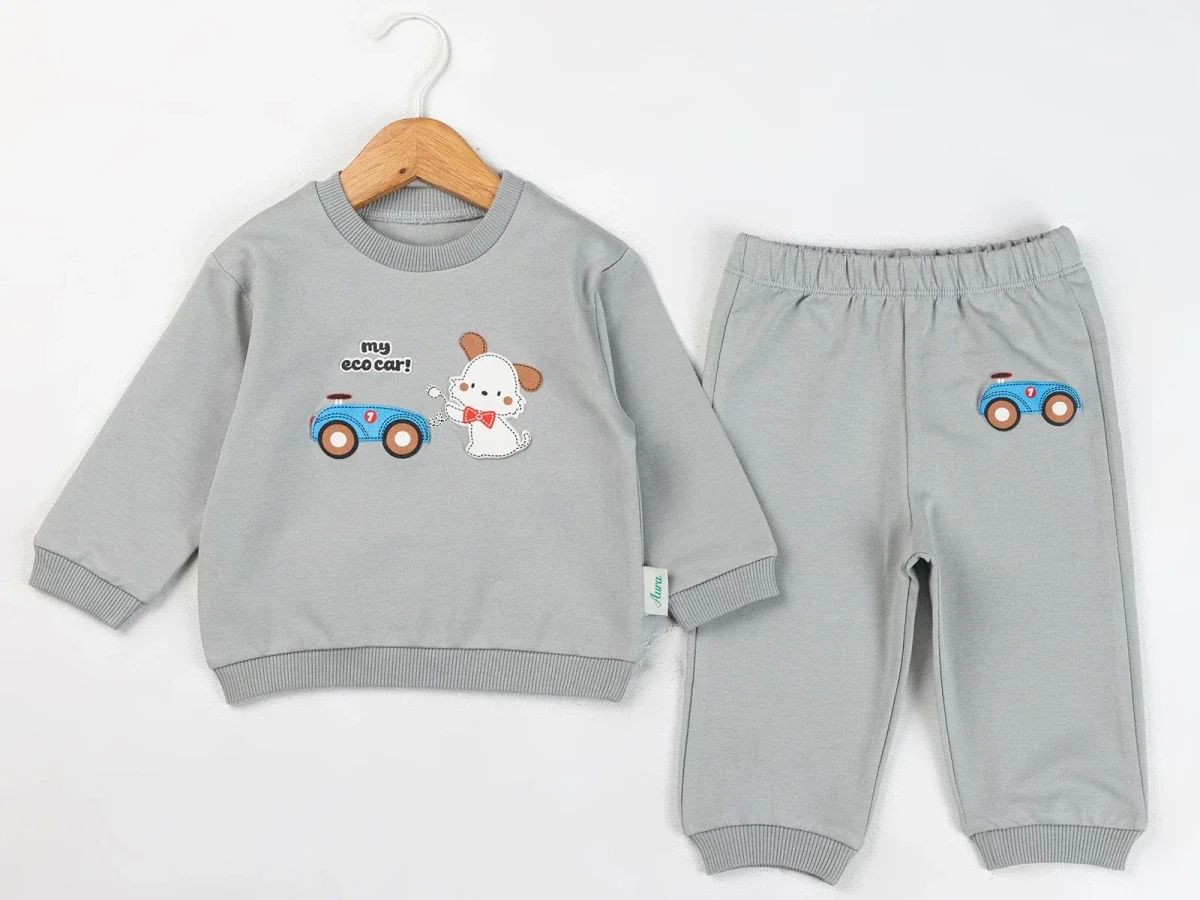 Grey Bear & Car Print Baby Boy Sweatshirt and Trousers Set - Comix - by Peralane